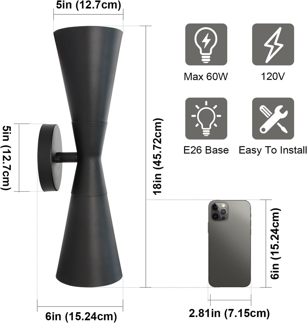 Modern Black Wall Sconces Set of 2, Up and Down Indoor Wall Sconces, Mid Century Indoor Wall Light Fixture, Hardwired Wall Mounted Lamp for Living Room, Bathroom, Bedroom, Hallway, 18 Inch