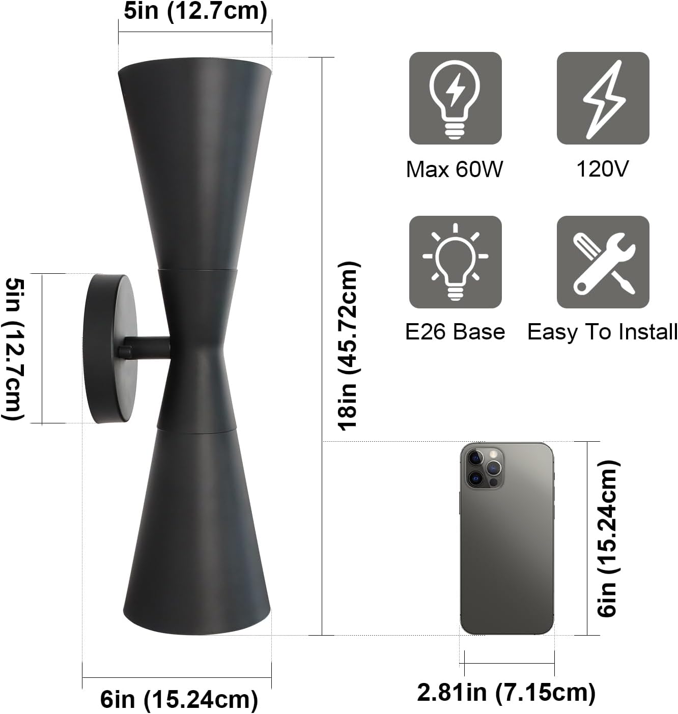 Modern Black Wall Sconces Set of 2, Up and Down Indoor Wall Sconces, Mid Century Indoor Wall Light Fixture, Hardwired Wall Mounted Lamp for Living Room, Bathroom, Bedroom, Hallway, 18 Inch