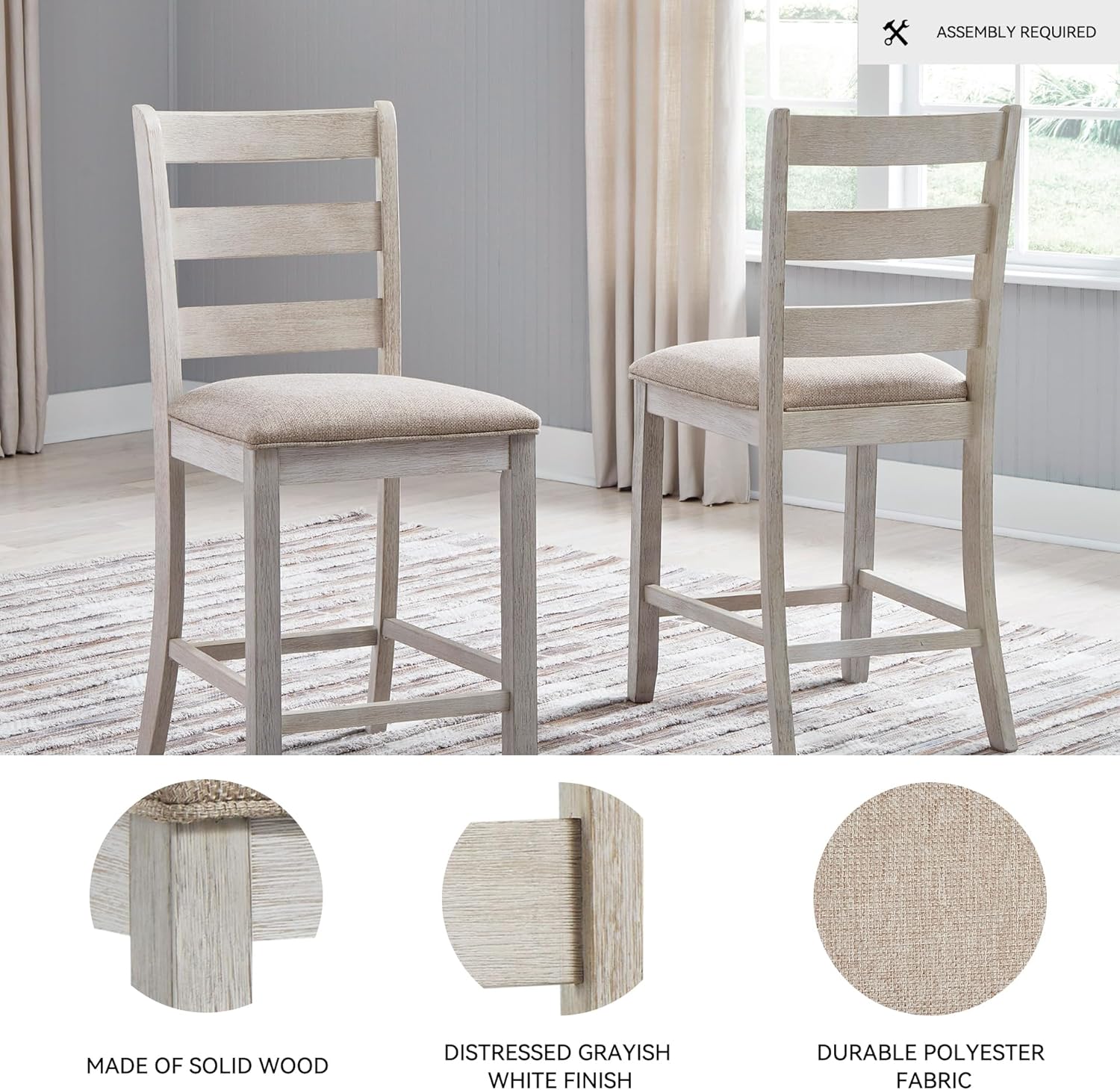 Signature Design by Ashley Skempton | 2-Count 24" Counter-Height Upholstered Bar Stools – Coastal Chic Ladder-Back, Antique White