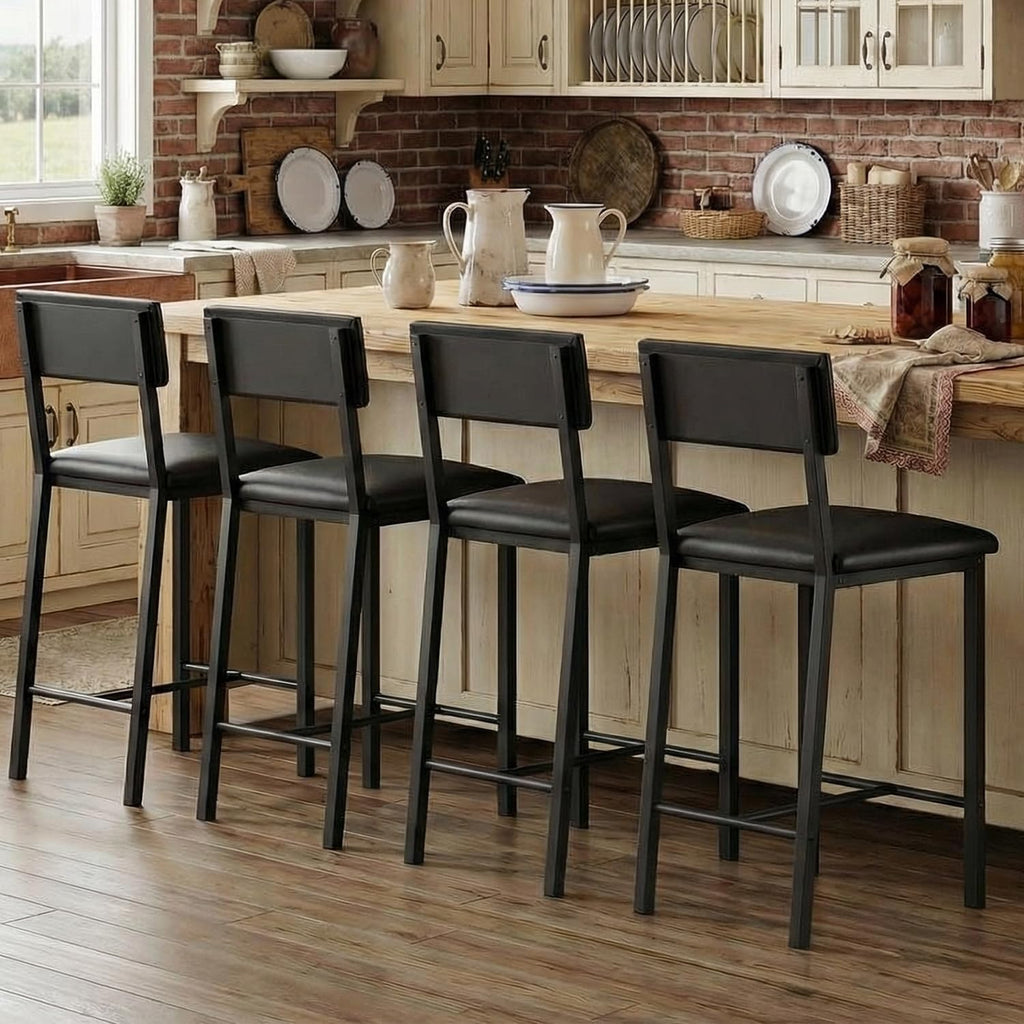 GarveeHome Bar Stools Set of 4 w/Soft Back and Upholstered Seat, 24.8 Inches Counter Height Barstools with Footrest & Thickened Metal Legs, for Kitchen Island, Bar, Black