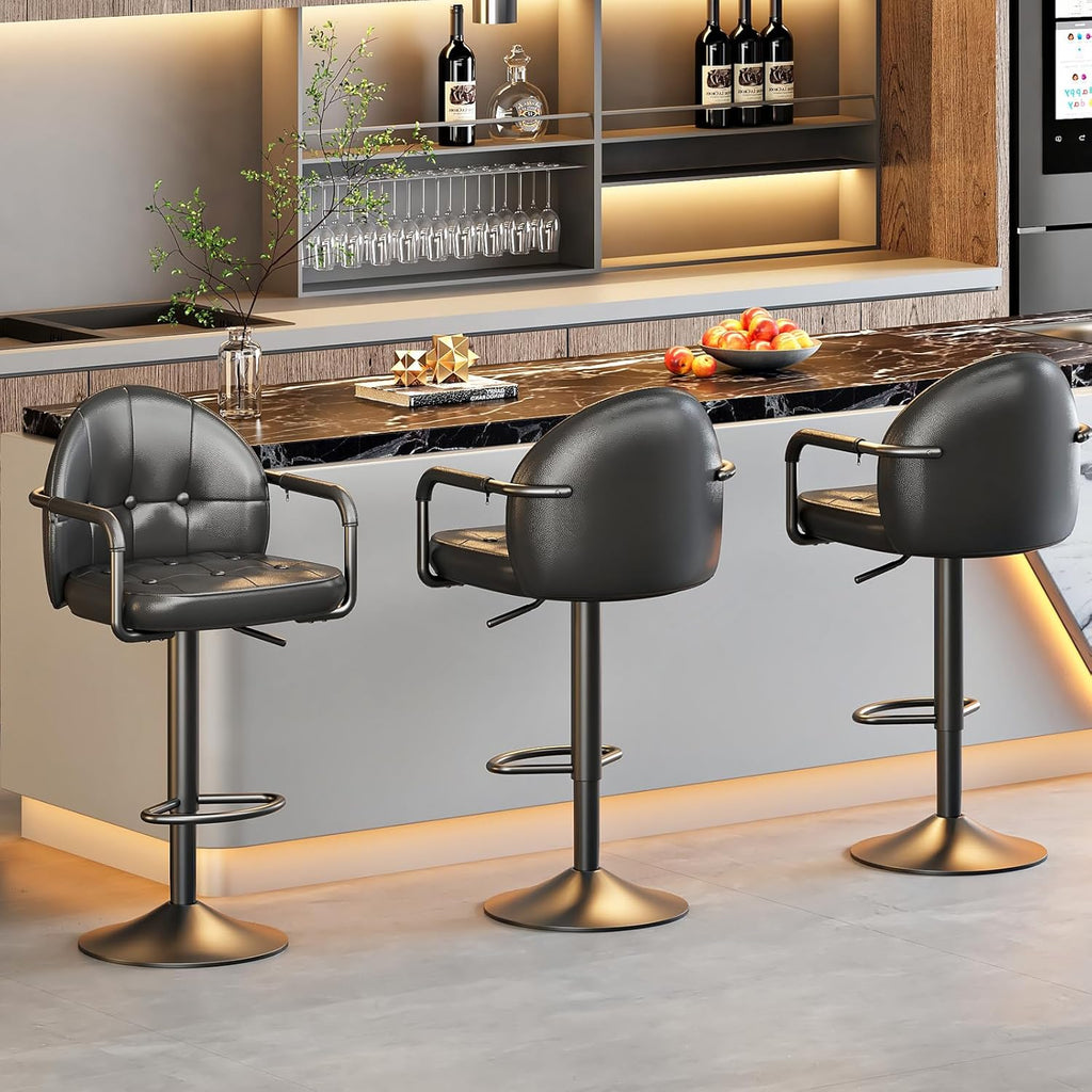 HOOBRO Adjustable Bar Stools, Swivel Bar Stools with Arms and Footrest, PU Upholstered Counter Height Stools, Bar Chairs with Metal Base, for Kitchen, Bar, Living Room, Black BB85BYP201
