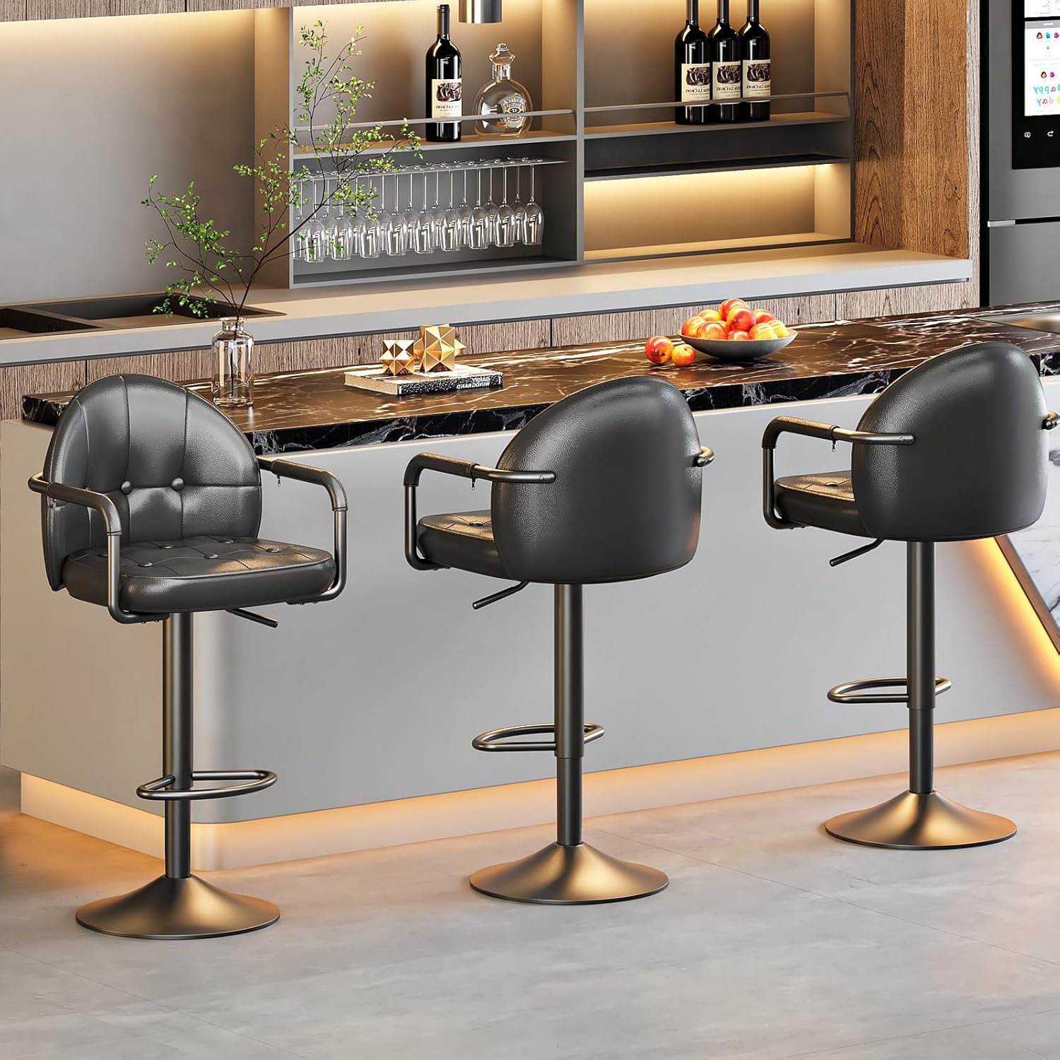 HOOBRO Adjustable Bar Stools, Swivel Bar Stools with Arms and Footrest, PU Upholstered Counter Height Stools, Bar Chairs with Metal Base, for Kitchen, Bar, Living Room, Black BB85BYP201