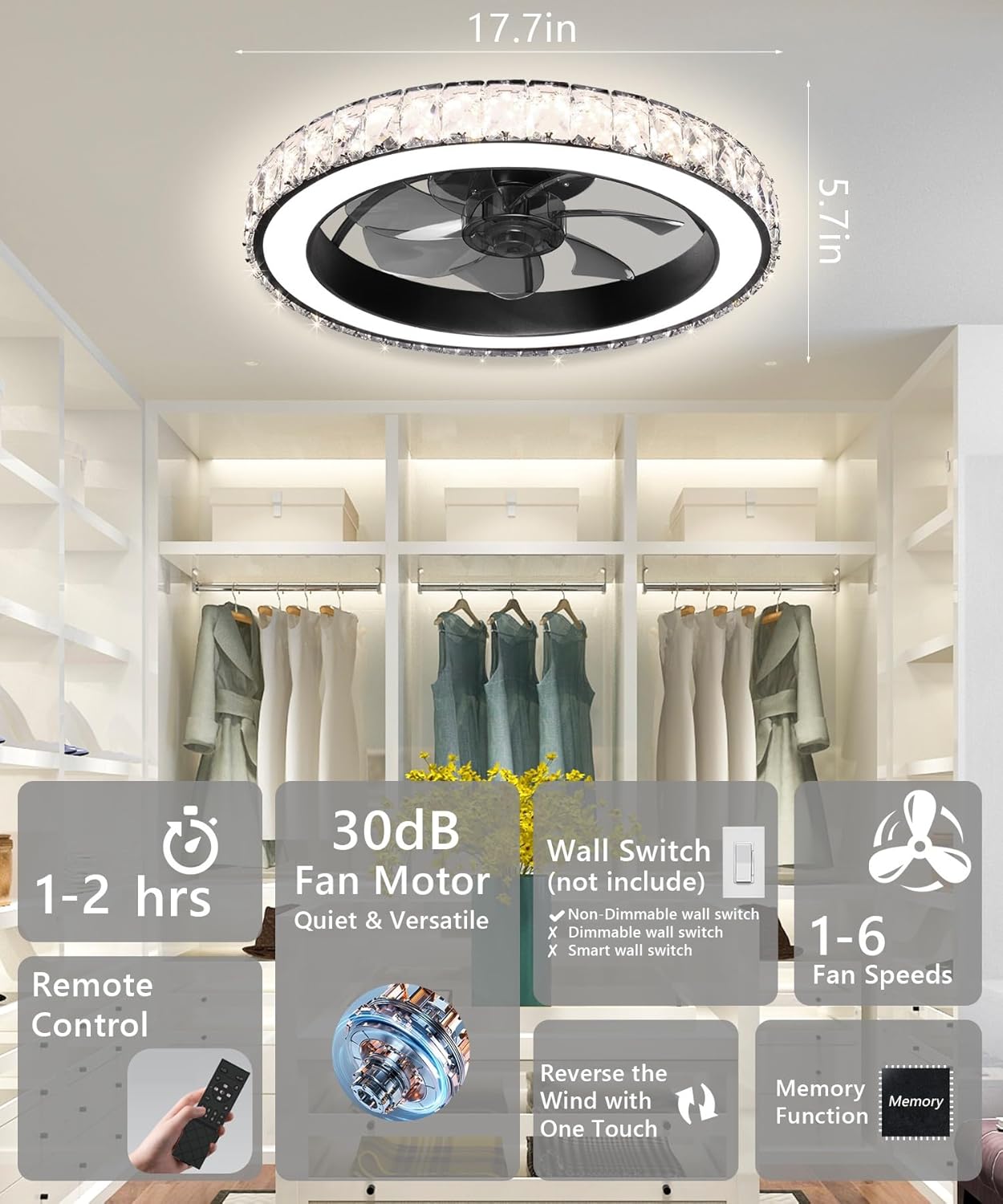 Aipsun Low Profile Modern Crystal Chandelier Ceiling Fans with Lights and Remote, 3000K-6500K Smart Bladeless LED Fan, 18" Black Modern Ceiling Fans with Lights for Bedroom