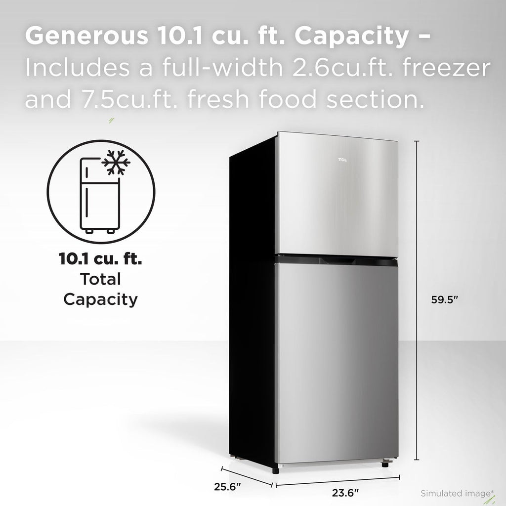 TCL 10.1 Cu Ft Double Door Refrigerator with Freezer in Silver, Frost Free Energy Efficient Fridge for Dorm, Apartment, Kitchen, Garage & Office
