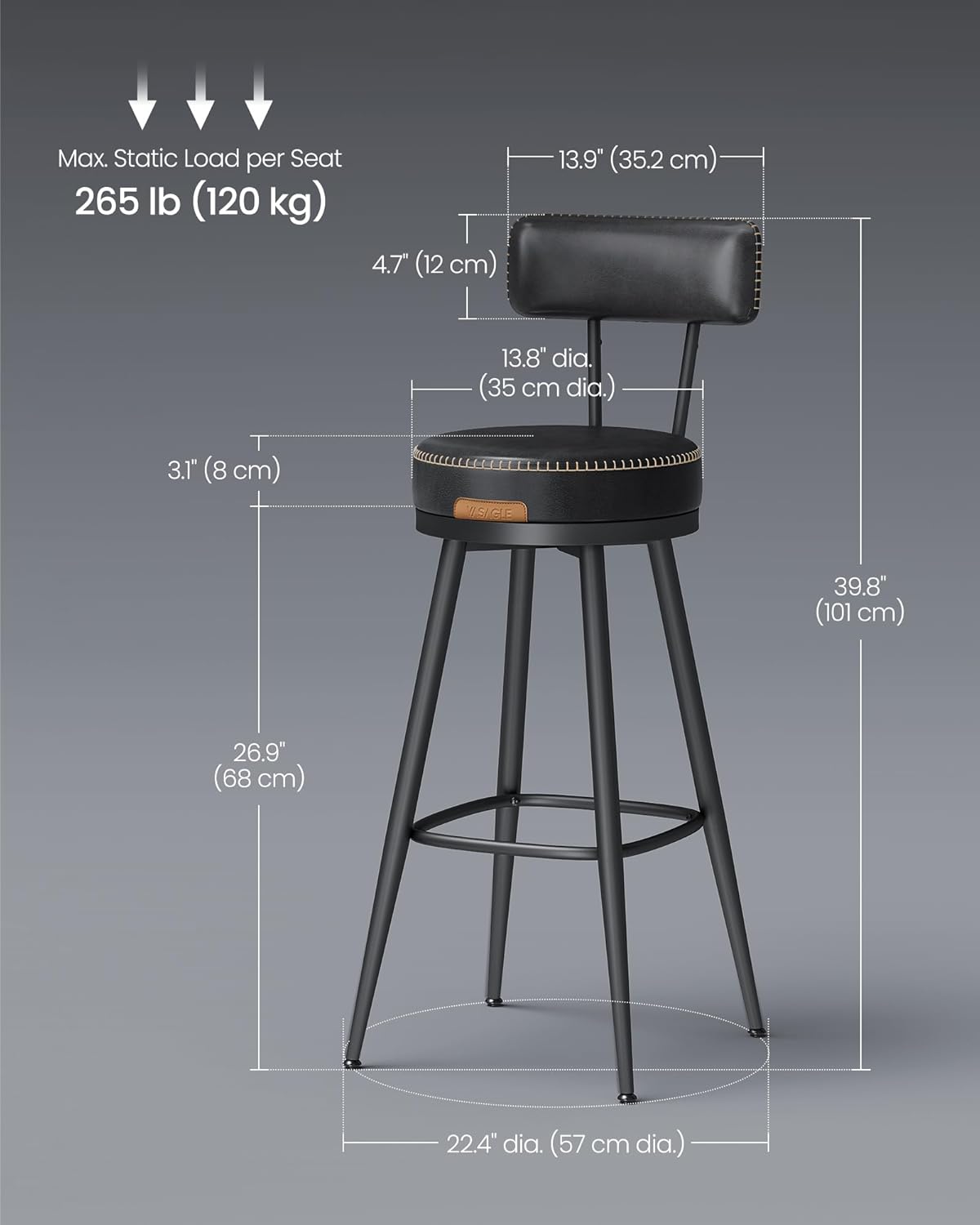 VASAGLE EKHO Collection - Bar Stools Set of 2, Swivel Bar Height Bar Stools with Back, Synthetic Leather with Stitching, Mid-Century Modern, 30-Inch Tall Barstools for Kitchen Home Bar, Ink Black