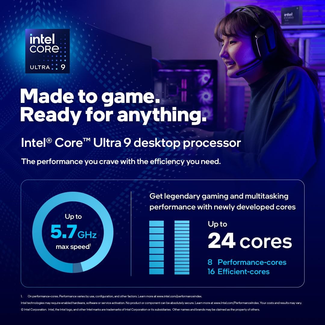 Intel Core Ultra 9 Desktop Processor 285K - 24 cores (8 P-cores + 16 E-cores) and 24 threads - Up to 5.7 GHz unlocked - 40 MB Cache - Compatible with Intel 800 series chipset-based motherboards - Inte