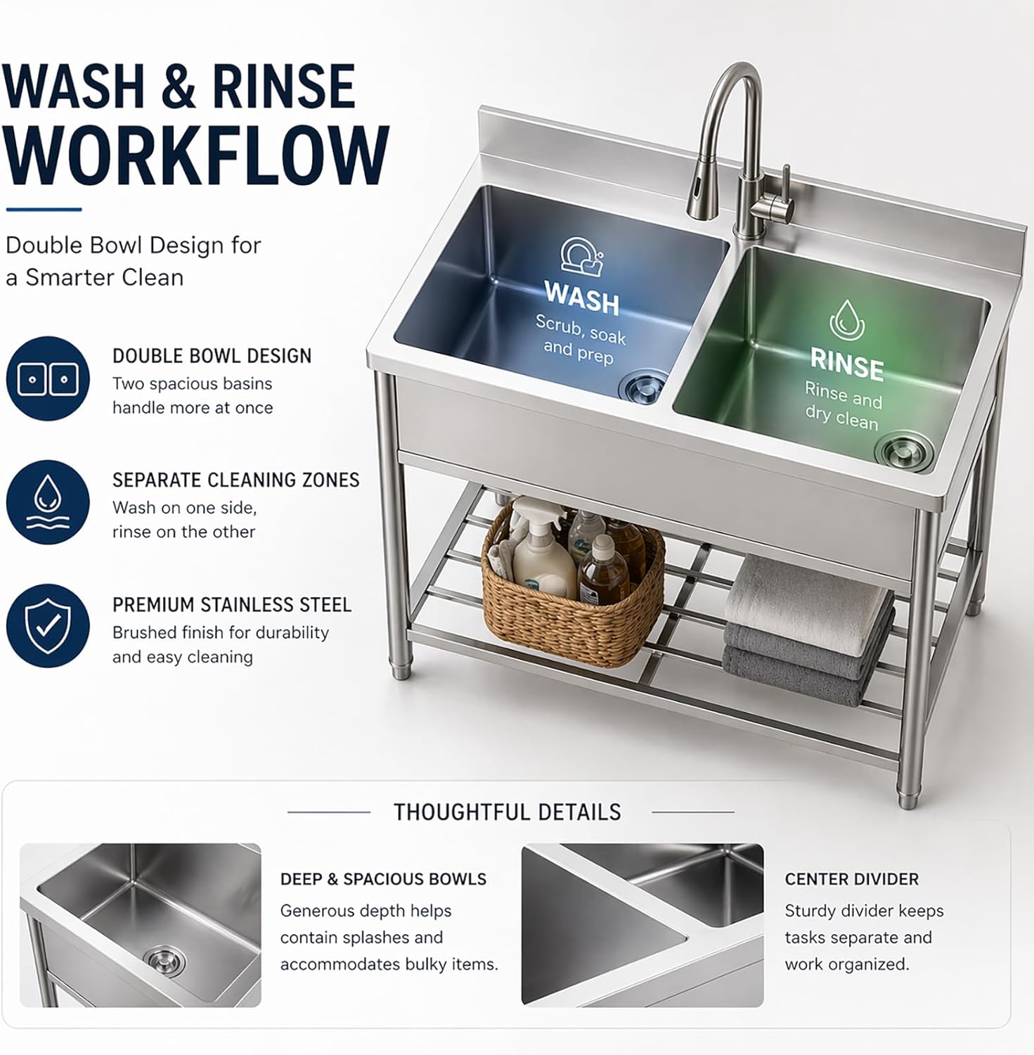 42" x 22" Freestanding Stainless Steel Utility Sink with Pull Down Faucet and Workbench Top, Extra Wide Basin for Laundry Room, Garage, or Workshop