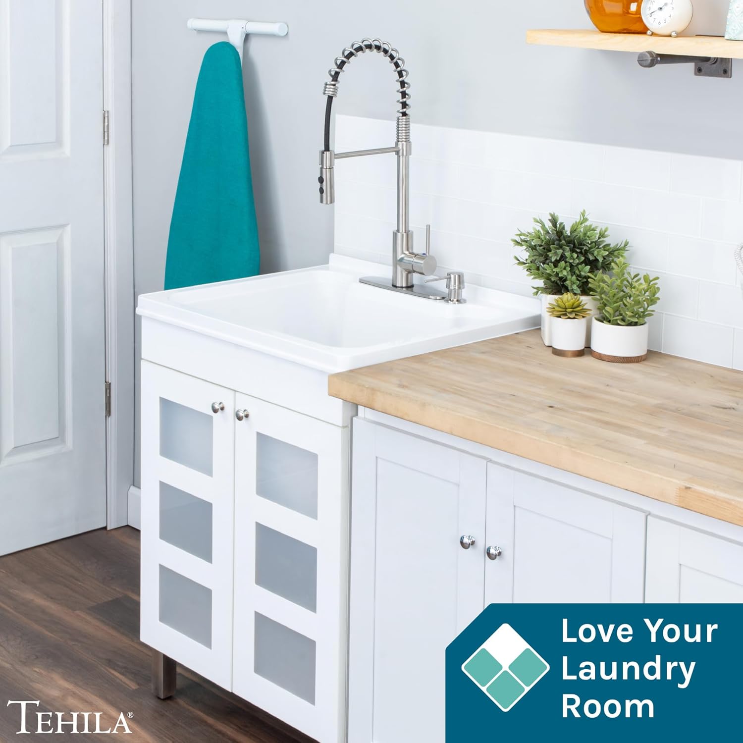 White Utility Sink in White Vanity, Stainless Steel Pull-Down Coil Faucet, Soap Dispenser and Spacious Cabinet by JS Jackson Supplies for Garage, Basement, Shop and Laundry Room