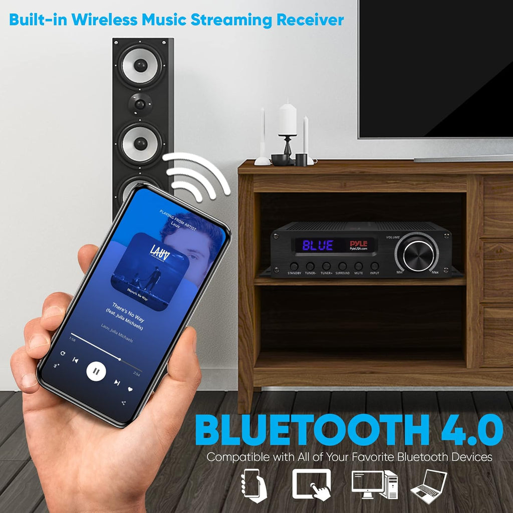 Pyle Wireless Bluetooth Home Audio Amplifier - 100W 5.1 Channel Home Theater Receiver, Surround Sound w/ HI Def In and Out, RCA In, Subwoofer Out, LED Control Center, 12V Adapter - PFA560BT