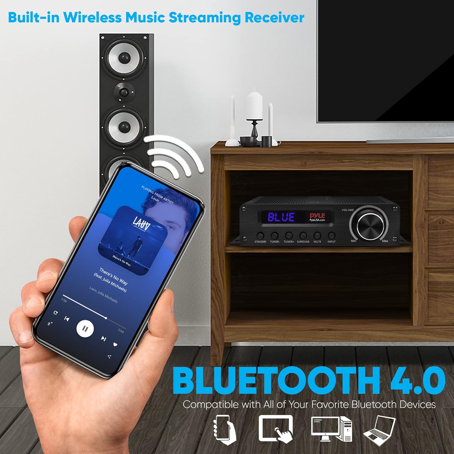 Pyle Wireless Bluetooth Home Audio Amplifier - 100W 5.1 Channel Home Theater Receiver, Surround Sound w/ HI Def In and Out, RCA In, Subwoofer Out, LED Control Center, 12V Adapter - PFA560BT