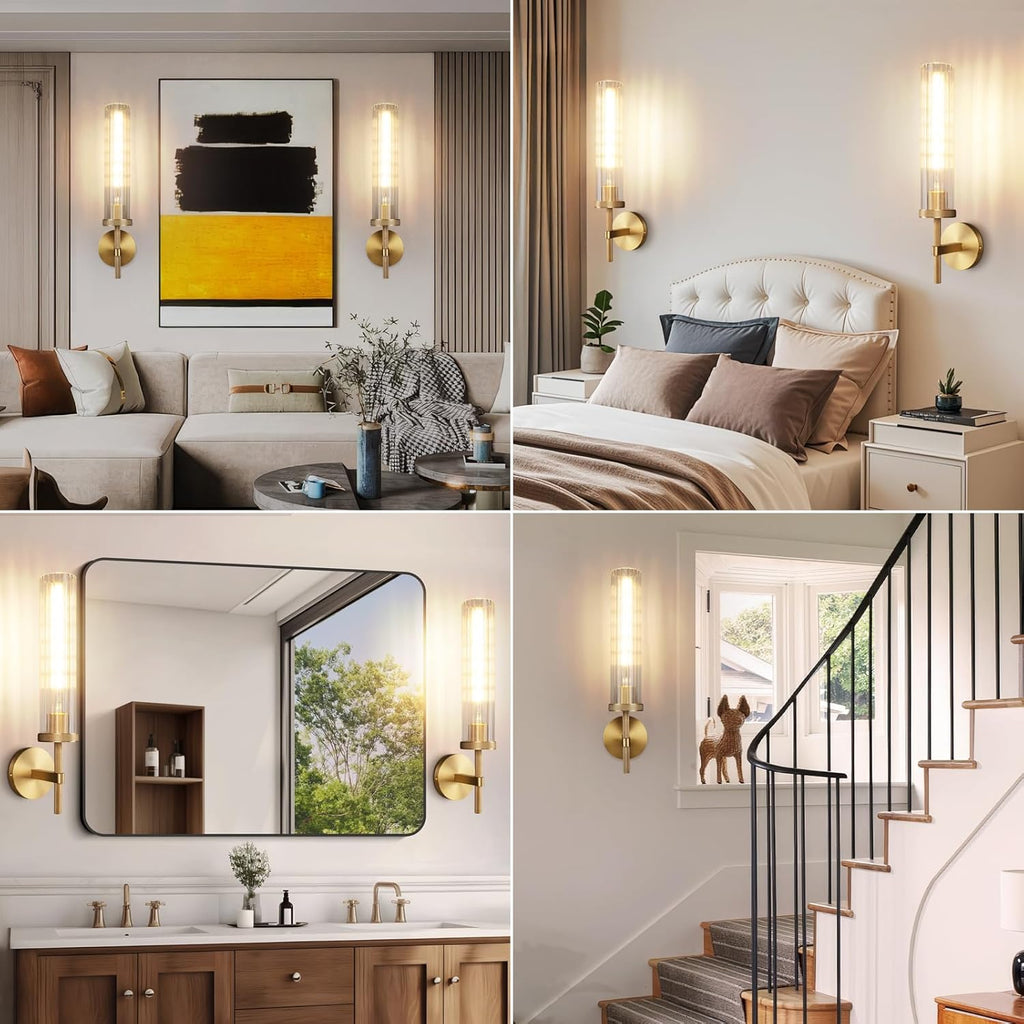 19.5" Knurled Brass Wall Sconces Set of 2, Gold Bathroom Vanity Light Fixtures with Vertical Striped Glass Tube, Modern Lamp Lighting for Bedroom, Living Room, Hallway, Staircase, Mirror, Kitchen