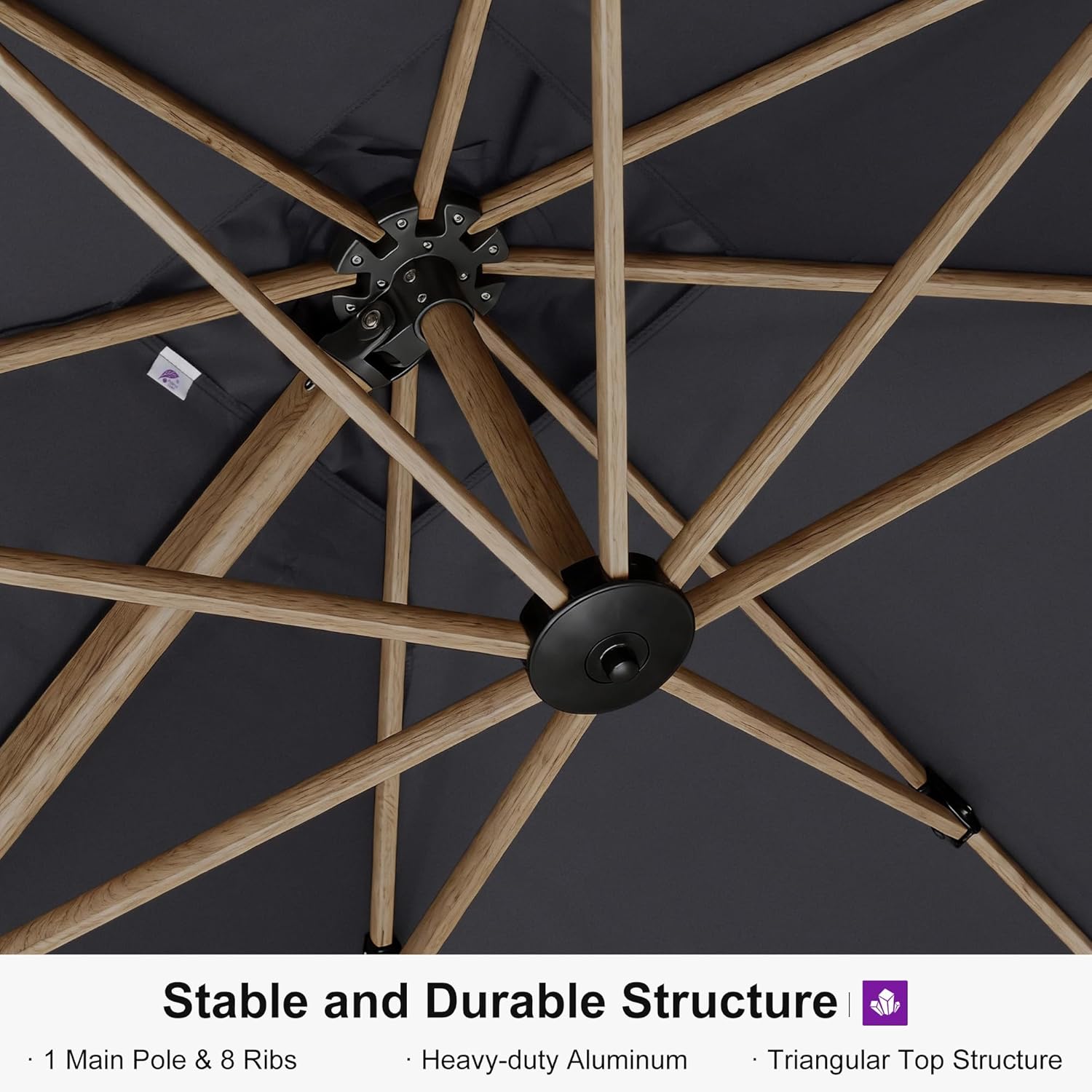 PURPLE LEAF 11FT Patio Umbrella With Base Square Cantilever Umbrella Teak Finished Aluminum Frame Large Windproof Offset Outdoor Sun Umbrellas for Beach Pool Deck, Grey