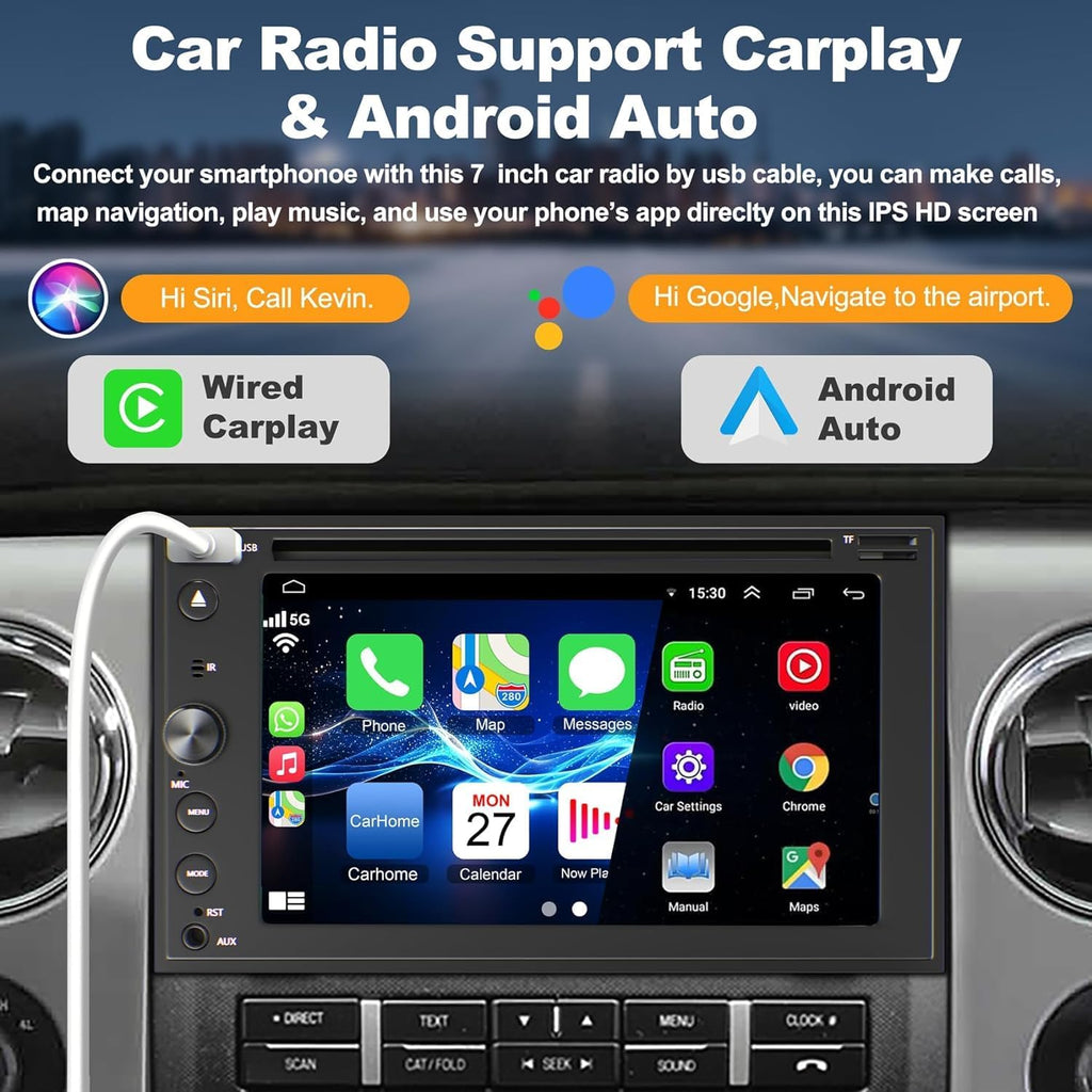 Double Din Car Stereo with Carplay & Android Auto, Adapter-Universe 7 Inch Car Radio with CD/DVD Player Support Back up Camera, Bluetooth & Voice Control, Mirror Link, Subwoofer, SWC, Subwoofer, AM/FM