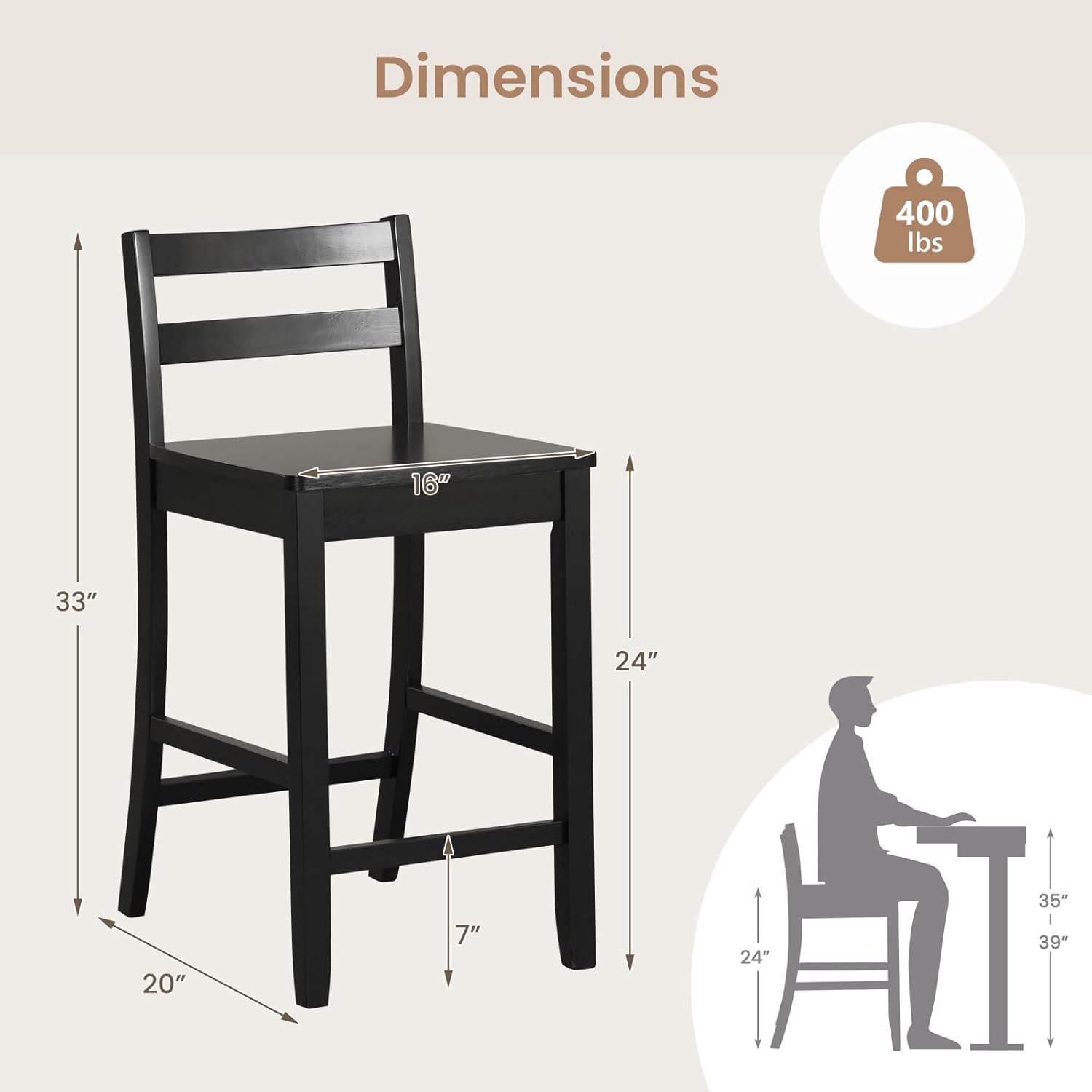 COSTWAY Wooden Bar Stools Set of 2, 24-Inch Counter Height Stools with Ergonomic Backrest & Footrest, Farmhouse High Dining Chairs for Kitchen Island, Pub, Cafe (2, Black)