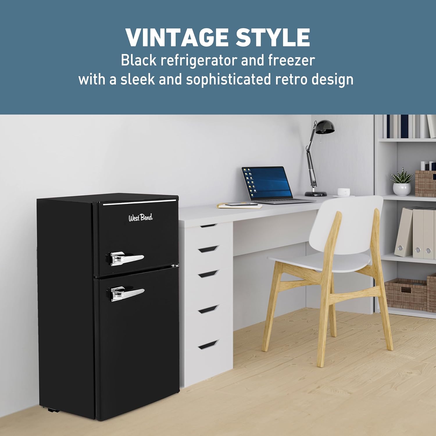 West Bend Mini Fridge with Freezer for Bedroom, Office, Bar or Dorm Room, Retro Compact Refrigerator features Glass Shelves, Manual Defrost and Adjustable Temperature Control, 3.1-Cu.Ft., Black