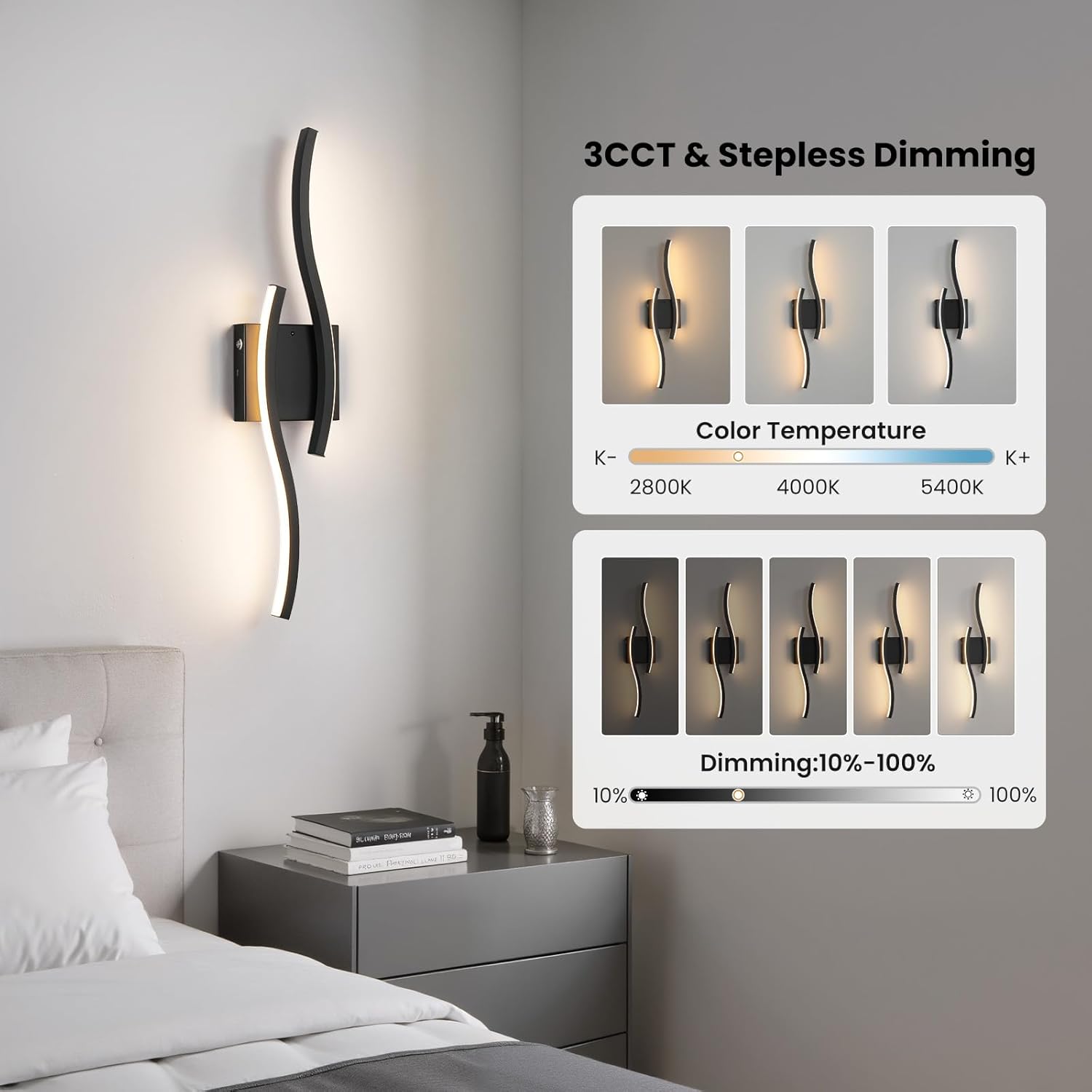 Black Battery Operated Wall Sconces: 23.6 Inch Rechargeable Sconce Lighting Set of 2 with Remote /3 Colors/10-100% Dimming/Timer Modern LED Wall Light for Bedroom Living Room Hallway Bathroom, 2 Pcs