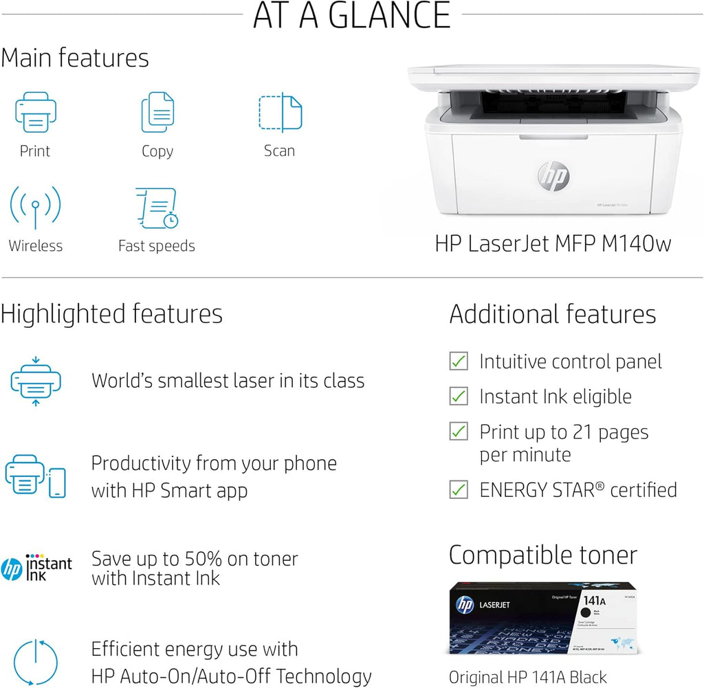 HP Laserjet MFP M140w Wireless Monochrome All-in-One Printer, Copier, Scanner, Phone, Tablet, for Home, Office Use, Easy Setup, Auto-On/Off Technology Compact White 7MD72F (Renewed)