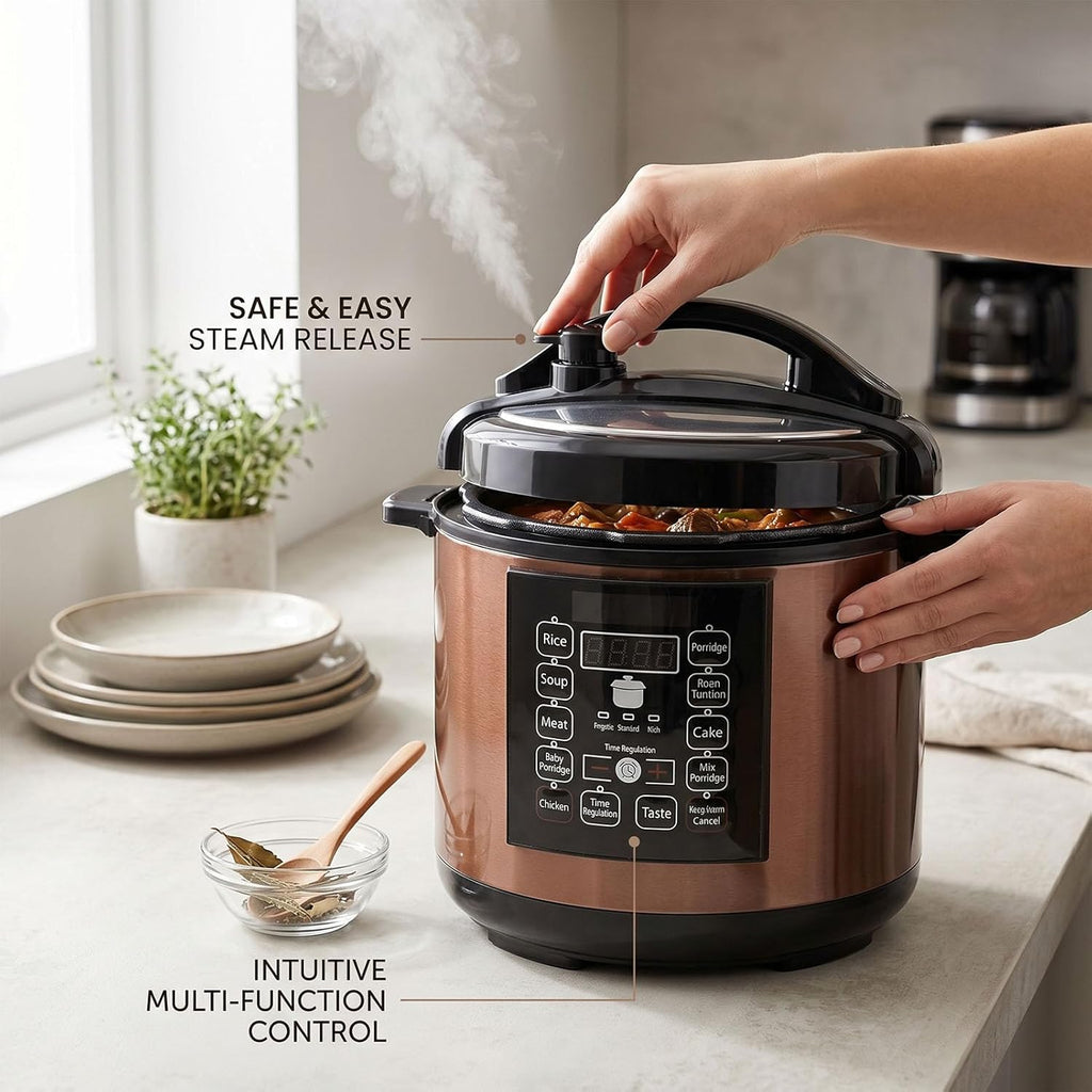 Fockety Electric Pressure Cooker, 6L Multi Rice Cooker, Slow with Stainless Steel Sides, Smart Programs and Overheat Protection for Pressure Cooking, Soup, Yogurt and Rice (US Plug 110V)