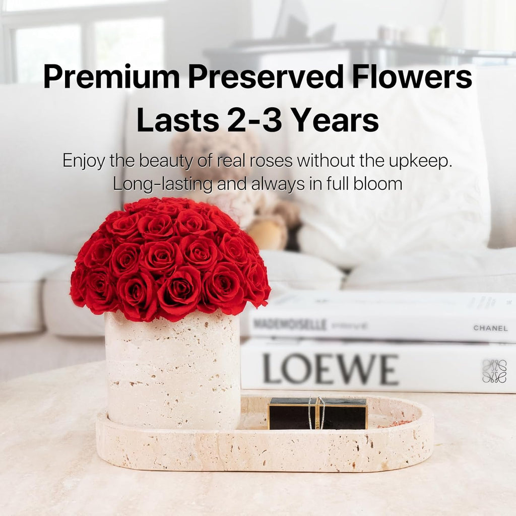 JoyFlower Preserved Flowers Vase, Yellow Travertine Flower Vases & Travertine Tray, Eternal Flower Decorations for Table Party Home Living Room Bedroom Coffee Shop, Decorative Flower Vase Decor(Red)