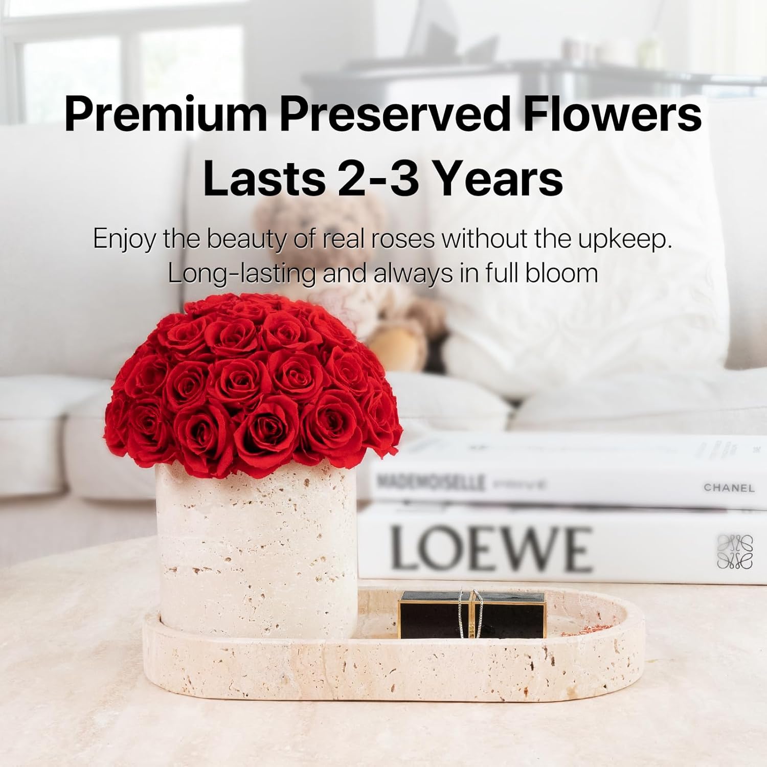 JoyFlower Preserved Flowers Vase, Yellow Travertine Flower Vases & Travertine Tray, Eternal Flower Decorations for Table Party Home Living Room Bedroom Coffee Shop, Decorative Flower Vase Decor(Red)