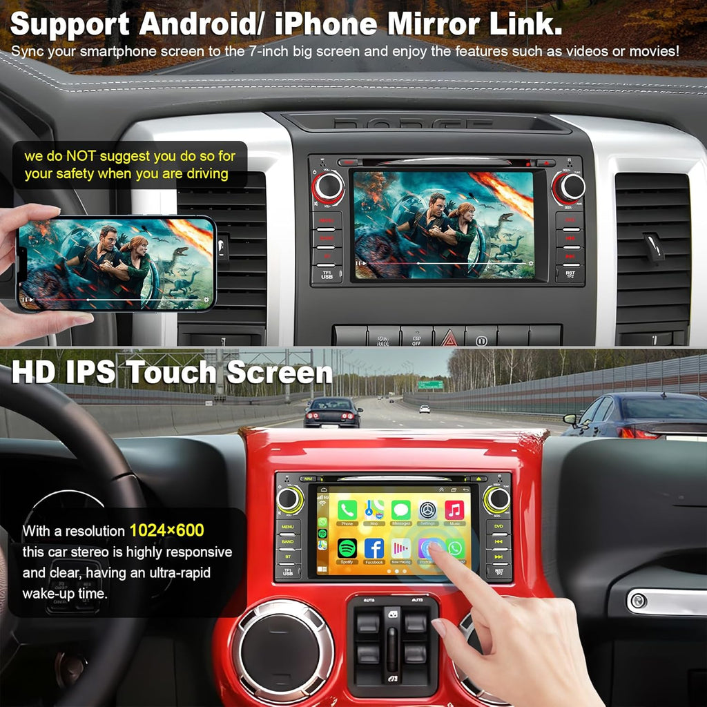 Car Radio Stereo with CD/DVD Player for Dodge Challenger&Avenger(2008-2014), for Dodge RAM 1500 2500 3500 (2009-2012),7 Inch Head Unit with CarPlay & Android Auto,Bluetooth & Mirror Link