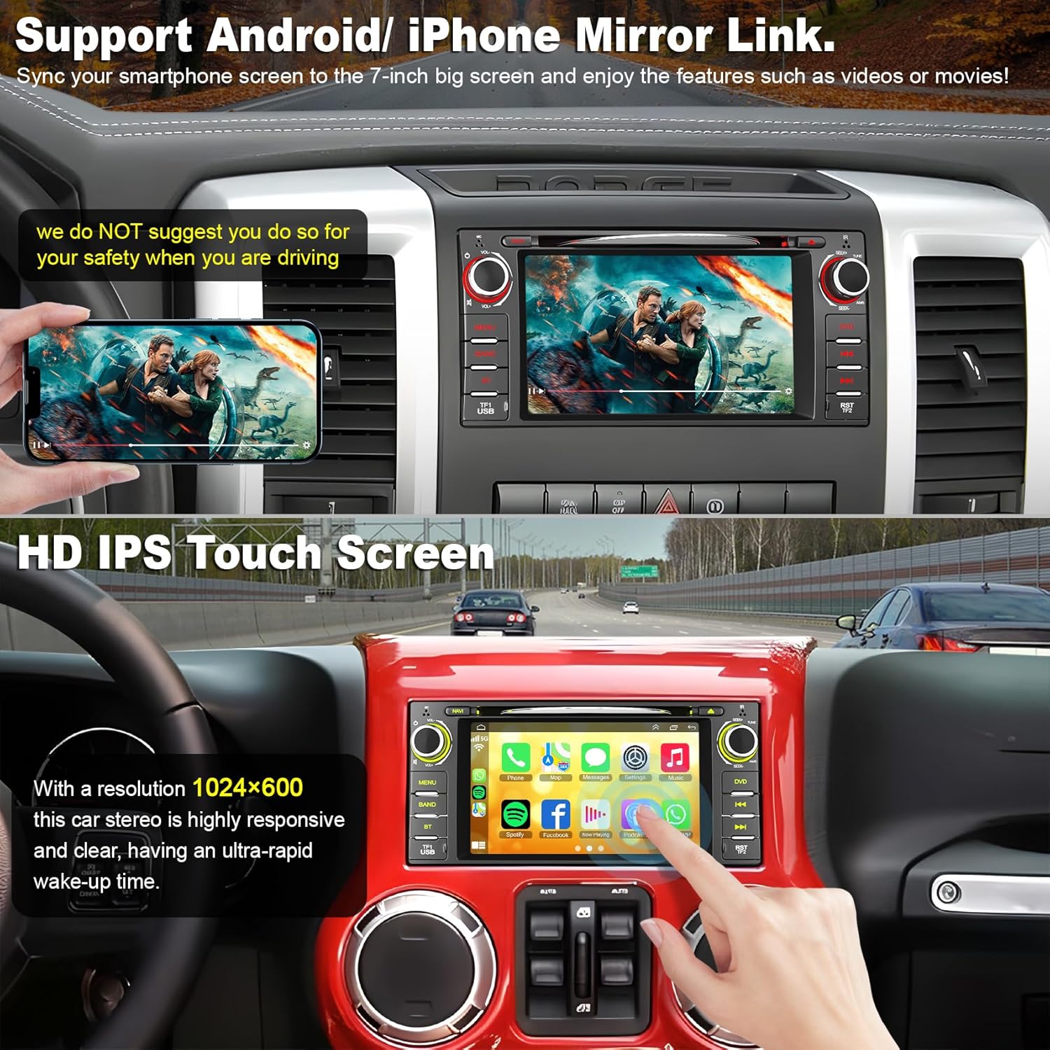 Car Radio Stereo with CD/DVD Player for Dodge Challenger&Avenger(2008-2014), for Dodge RAM 1500 2500 3500 (2009-2012),7 Inch Head Unit with CarPlay & Android Auto,Bluetooth & Mirror Link