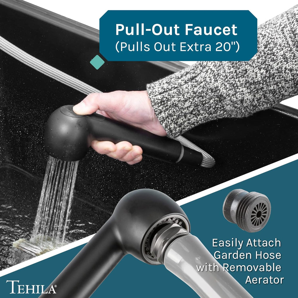 JS Jackson Supplies Tehila Black Wall-Mounted Utility Sink Tub Kit with Matte Black Finish Pullout Faucet, Wall-Mounted Utility Tub with Wall Bracket for Laundry Room, Garage, Workshop