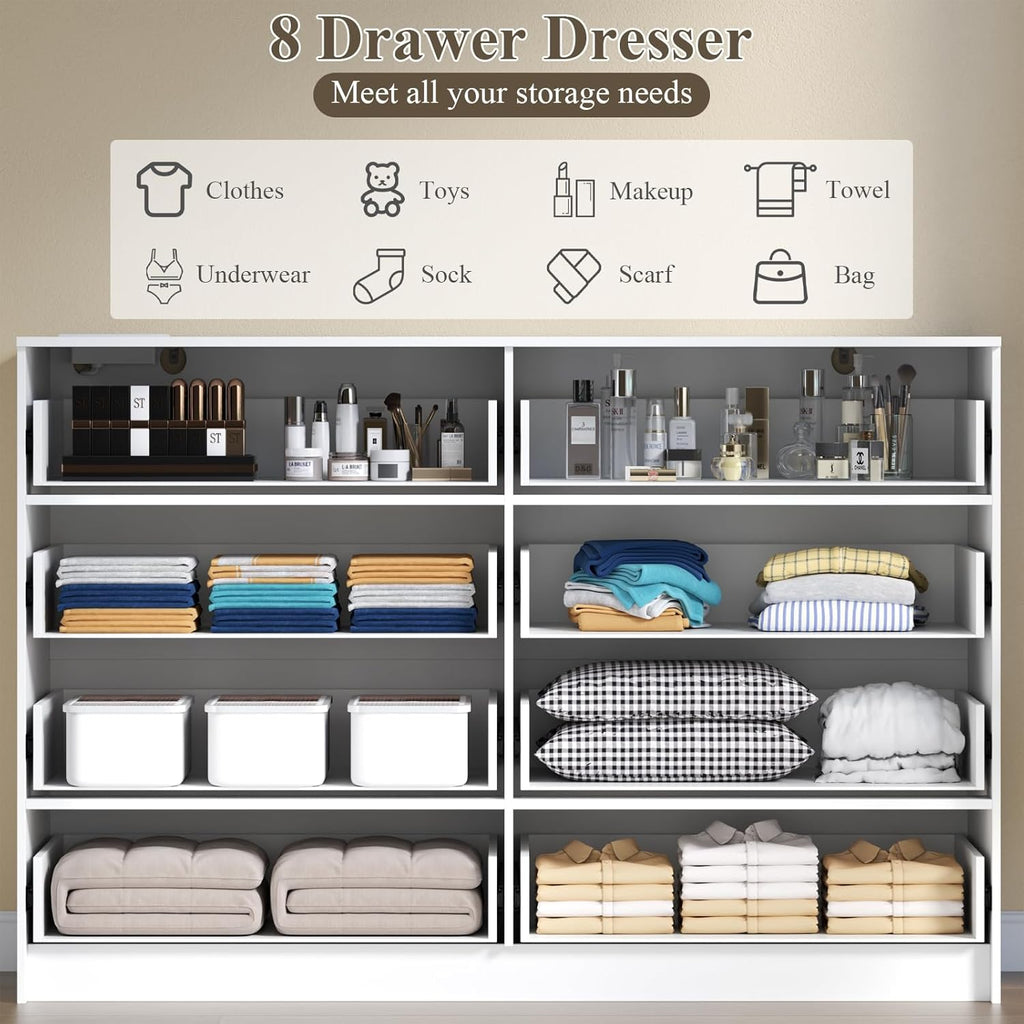 8 Drawers Dresser with Charging Station, White Dresser for Bedroom with LED Lights, Modern Chest of Drawers for Closet, Double Wide Dressers Organizer for Bedroom, Living Room, Entryway (White)