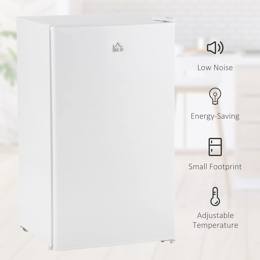 HOMCOM 3.2 Cu.Ft Mini Fridge with Freezer, Compact Refrigerator with Adjustable Thermostat, Shelf and Single Reversible Door for Bedroom, Dorm, Home Office, Energy Efficient, White