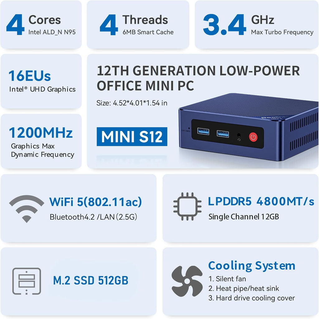 Beelink Mini PC,Mini S12 N95 Intel Alder Lake-N95 (up to 3.4GHz),12GB LPDDR5 512GB SATA3 SSD Mini Desktop Computer, Support 4K@60Hz Dual HDMI Display, 2.5G LAN/USB3.2/Low-Power Home/Office Micro PC
