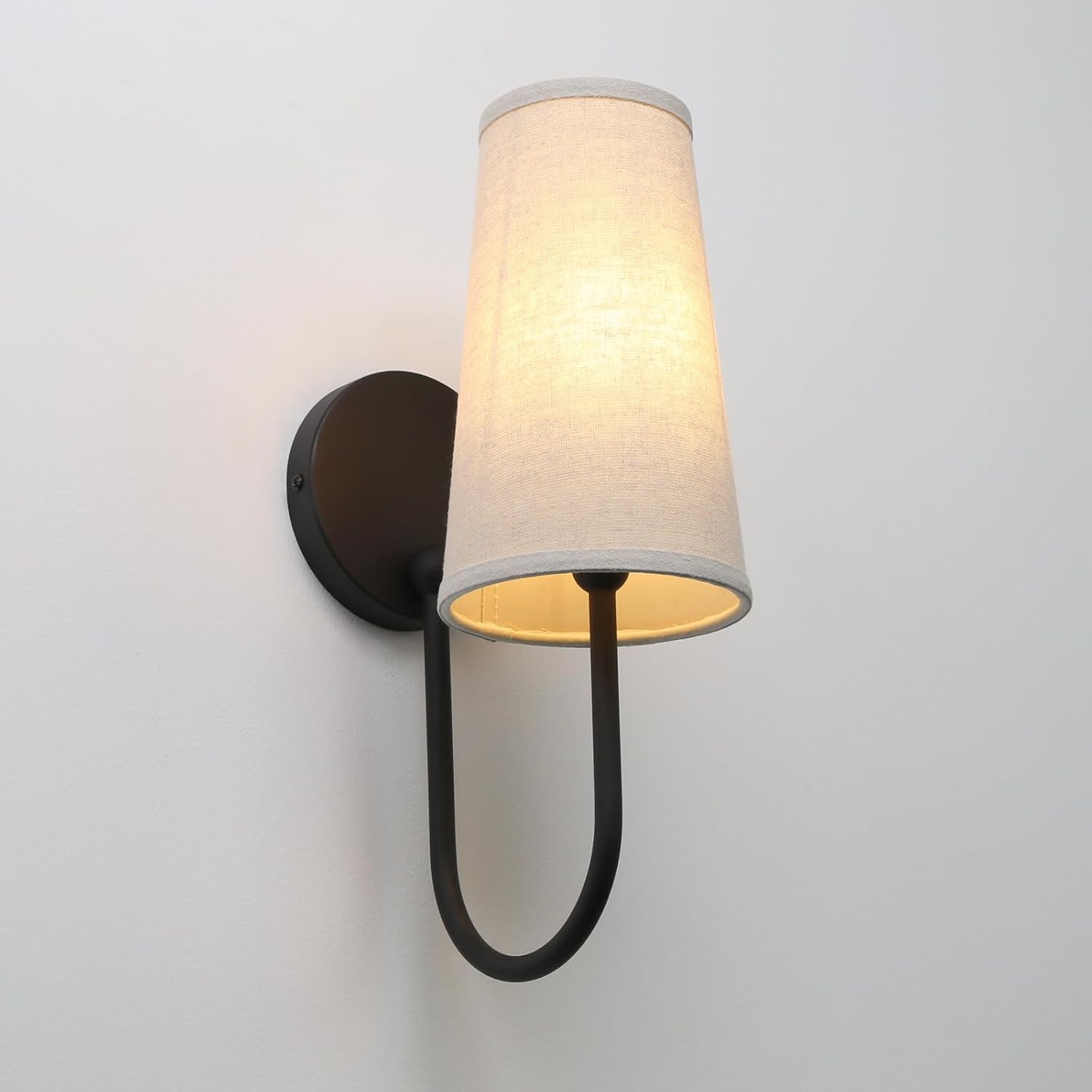 Pathson Set of 2 Linen Fabric Wall Sconces, Hardwired Curved Arm Bathroom Vanity Light with Cone Cloth Shade, Black Indoor Wall Decor Lamp for Living Room, Kitchen, Bedroom, Foyer