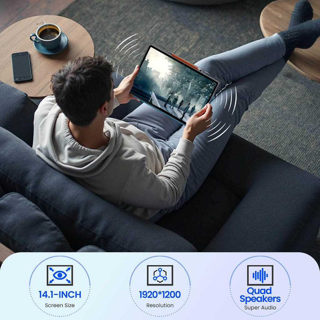 14 inch Large Screen Tablet, Android 15 Tablet 16GB RAM 256GB ROM, 1920 * 1200 IPS FHD Display, Widevine L1, 10000mAh 18W Charging, Wi-Fi & Bluetooth, 4G LTE, with Stand Case & Stylus