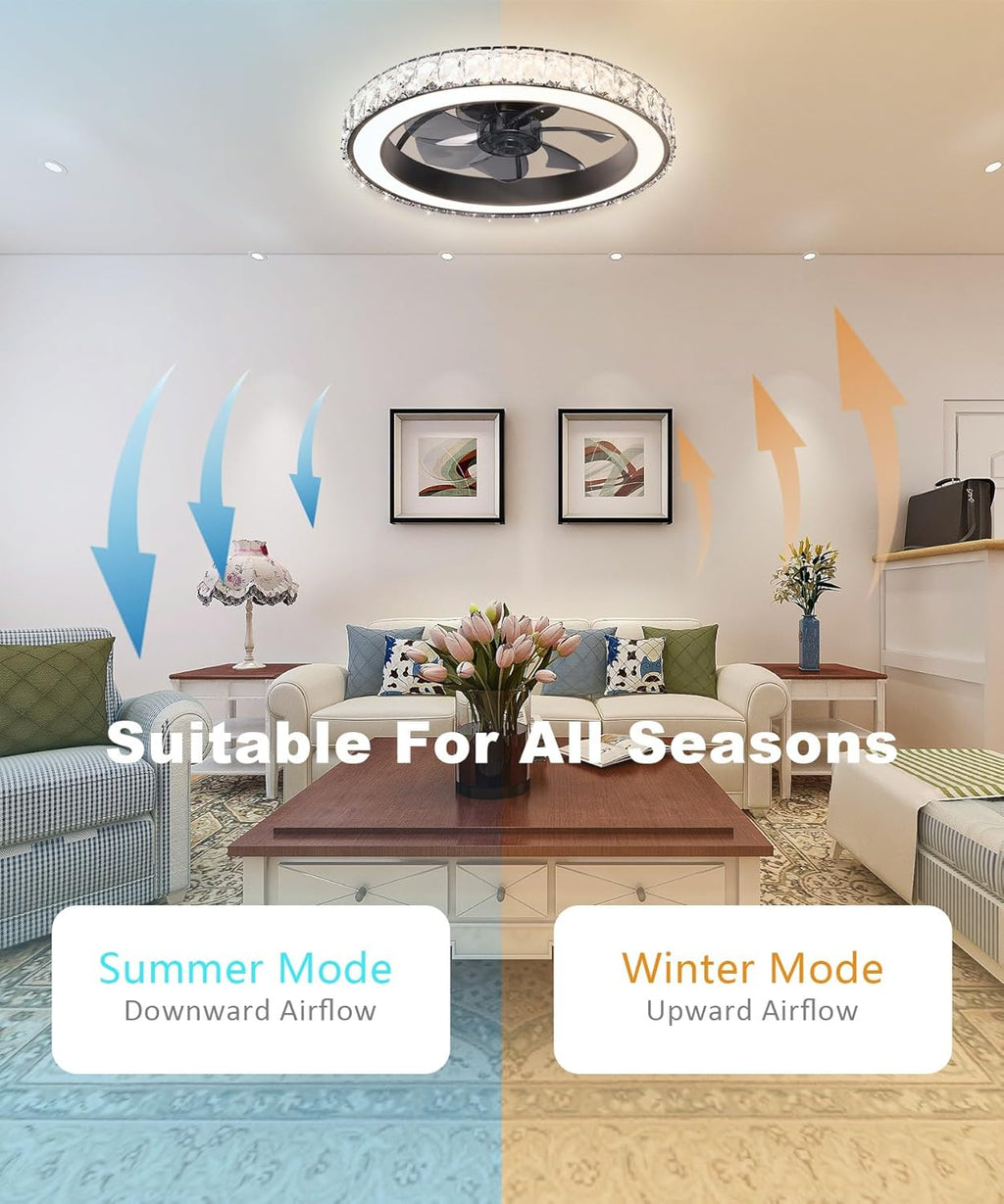 Aipsun Low Profile Modern Crystal Chandelier Ceiling Fans with Lights and Remote, 3000K-6500K Smart Bladeless LED Fan, 18" Black Modern Ceiling Fans with Lights for Bedroom