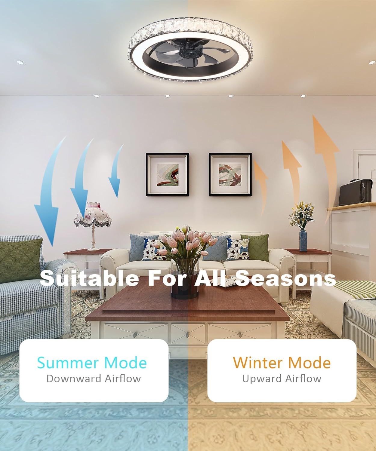 Aipsun Low Profile Modern Crystal Chandelier Ceiling Fans with Lights and Remote, 3000K-6500K Smart Bladeless LED Fan, 18" Black Modern Ceiling Fans with Lights for Bedroom