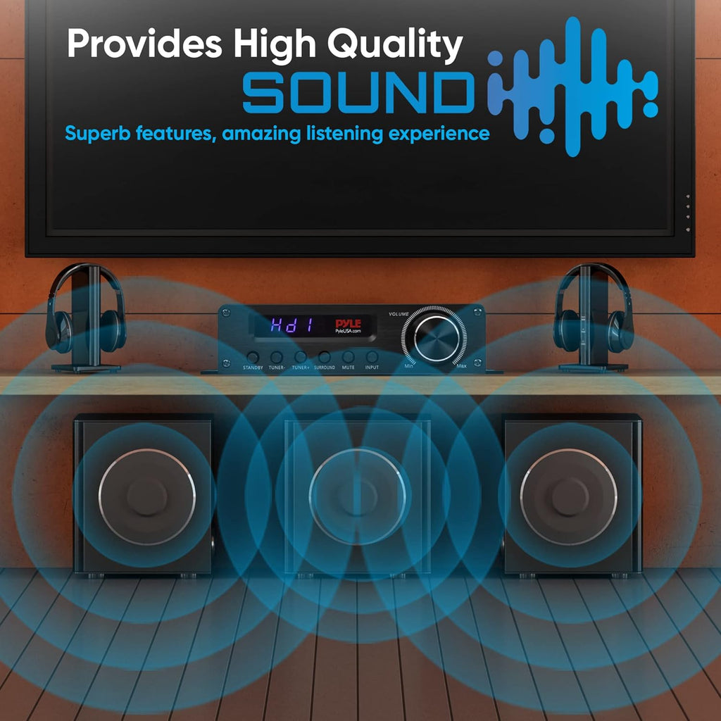 Pyle Wireless Bluetooth Home Audio Amplifier - 100W 5.1 Channel Home Theater Receiver, Surround Sound w/ HI Def In and Out, RCA In, Subwoofer Out, LED Control Center, 12V Adapter - PFA560BT