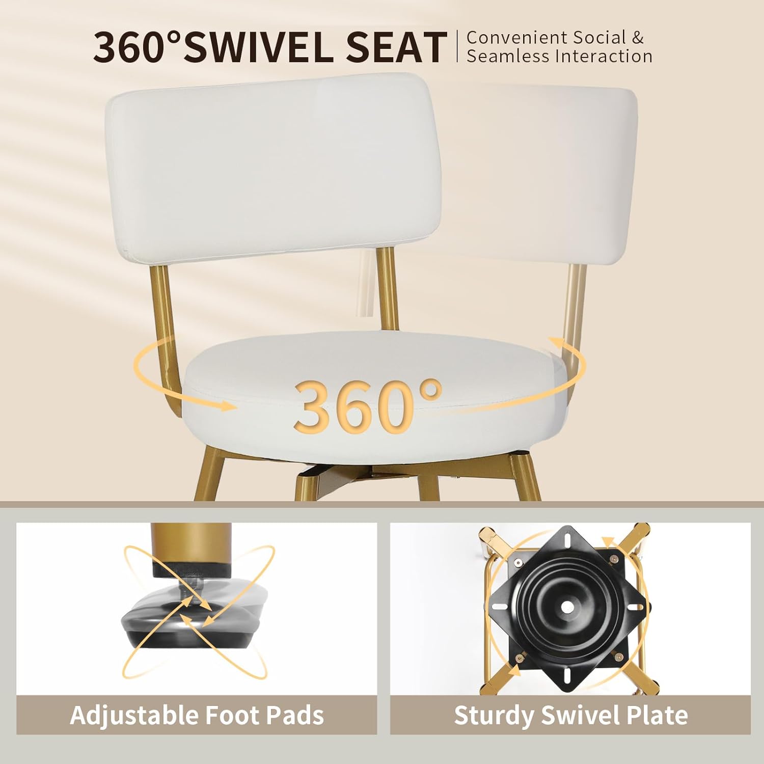 Gold White Counter Height Bar Stools Set of 2, Modern Swivel Bar Stools with Back, 25 Inch PU Leather Barstools Bar Chair Island Stool for Kitchen Counter, White Gold