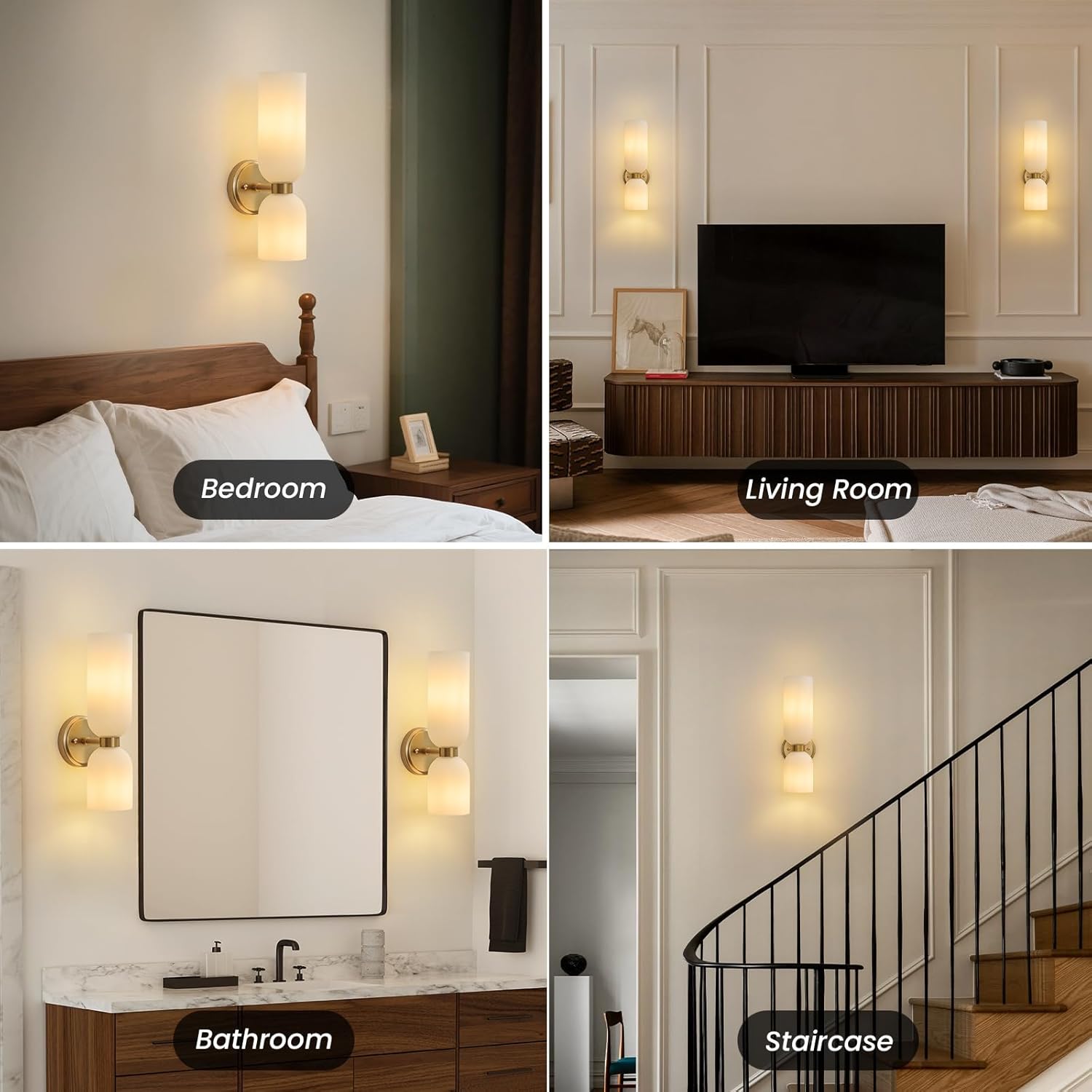 Mid Century Bathroom Wall Sconce - Set of 2 Modern Brushed Gold Brass Sconces - Frosted Milk White Glass Indoor Dimmable Lighting Fixture with Bulb - Double Vanity Lights for Bedroom Living Room Decor