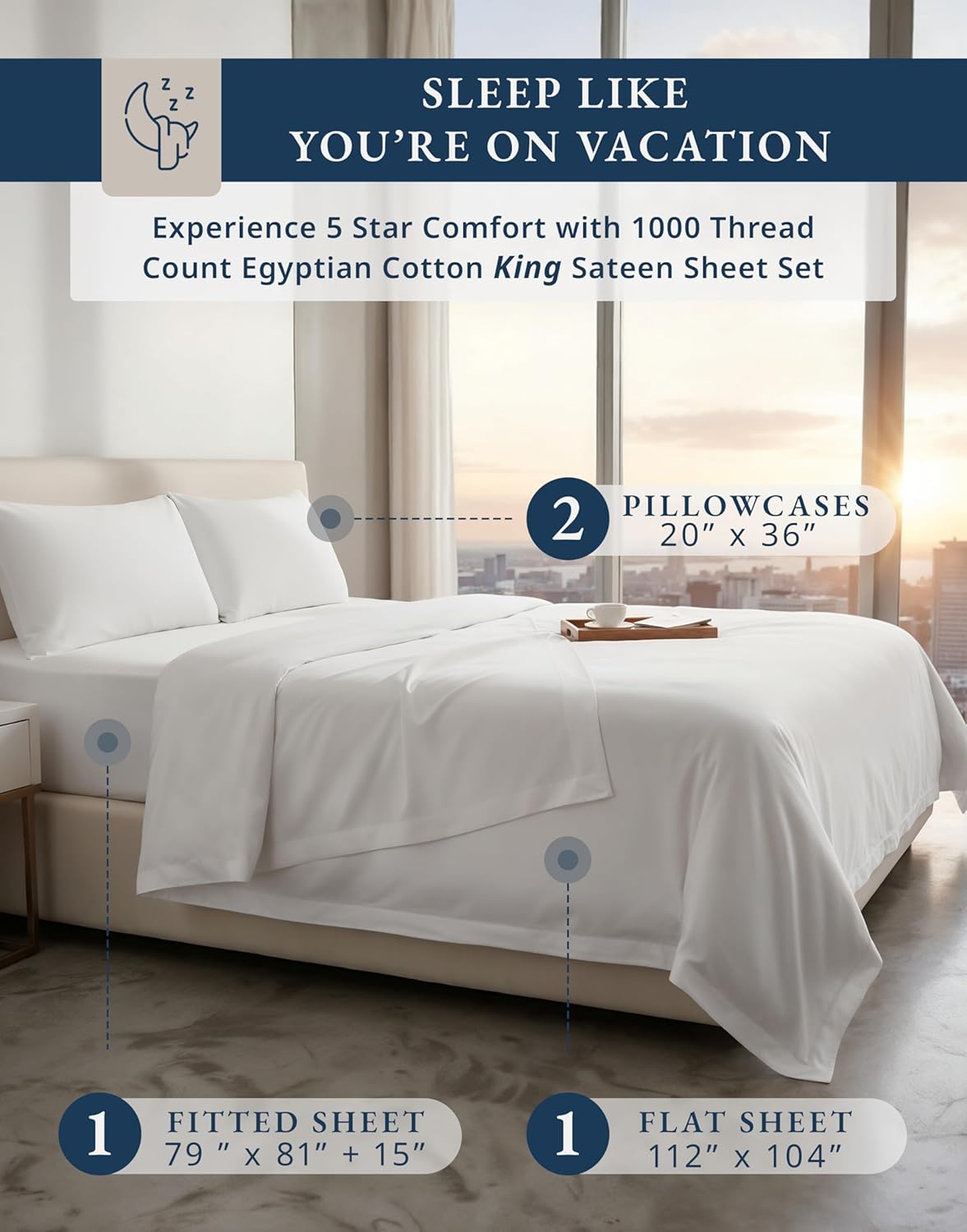 100% Egyptian Cotton Sheets King Size - 1000 Thread Count Silky Sateen King Size Sheets Set, Naturally Cooling & Breathable, Ultra-Soft Hotel Luxury Sheets with 15" Snug Fit Deep Pockets - White