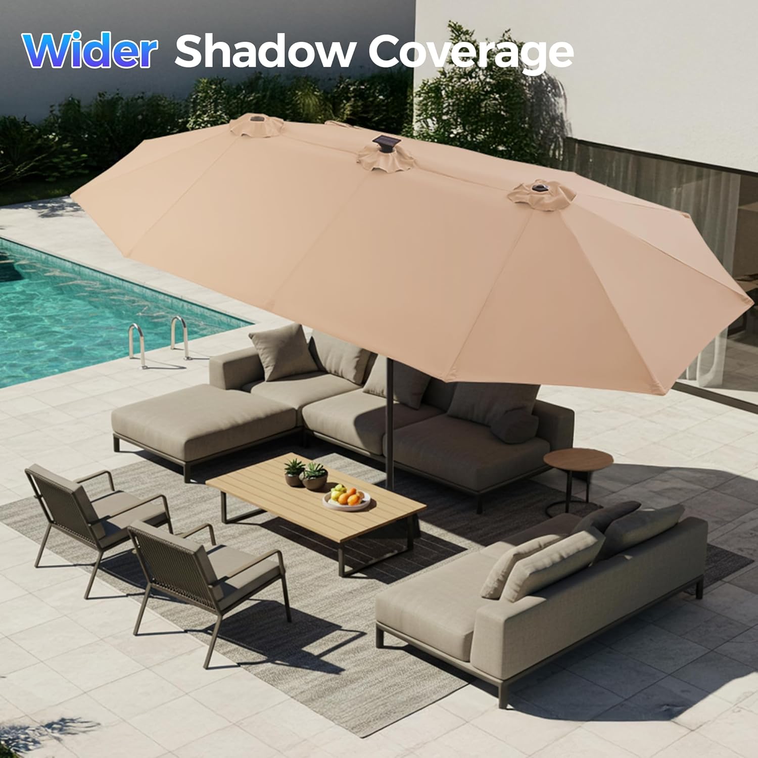 SUPERJARE 13ft Outdoor Patio Umbrella with Solar Lights, Double-sided Deck Pool Umbrella with 1.5 Inch Pole, Fade Resistant Canopy, 12 Sturdy Ribs, for Porch, Market, Backyard, Beige (No Base)
