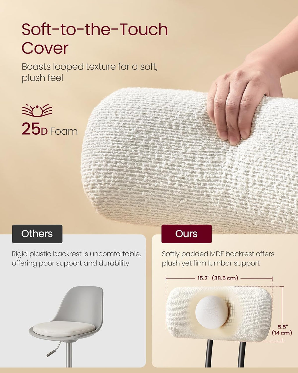 VASAGLE 360° Swivel Bar Stools Set of 2, Bar Height Bar Stools with Back, Boucle Fabric, Contemporary Modern, 30.1 Inch Tall, Kitchen and Home Bar, Cloud White ULBC131W01V1
