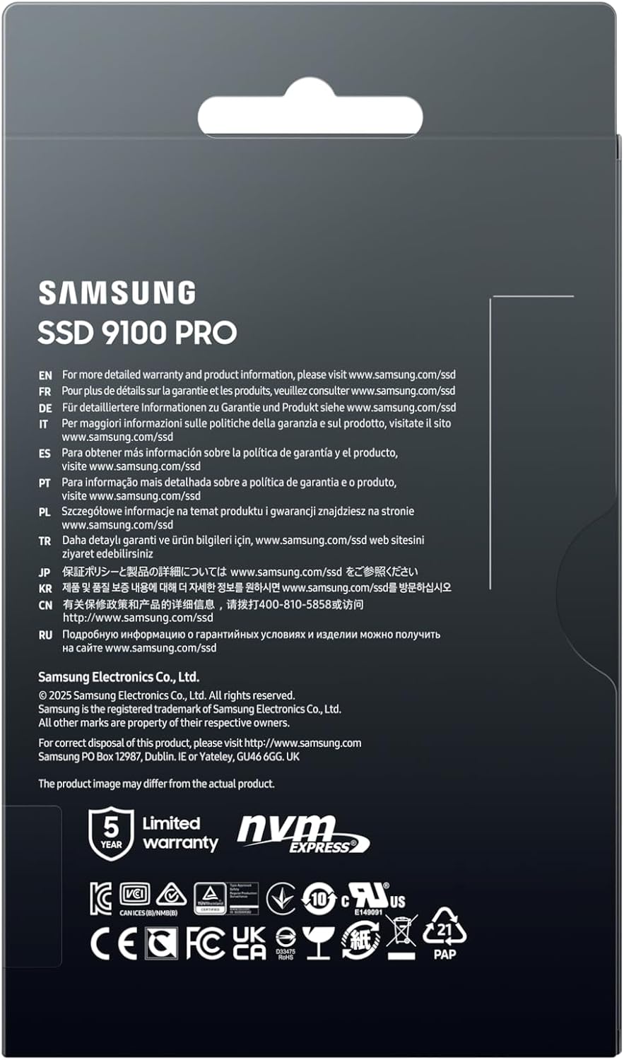 Samsung SSD 9100 PRO 2TB, PCIe 5.0x4 M.2 2280, Seq. Read Speeds Up to 14,700MB/s, Best for AI Computing, Gaming and Heavy Duty Workstations (MZ VAP2T0B/AM)