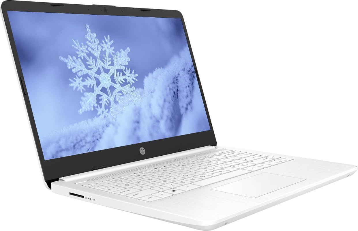 HP 14" Business & Student Laptop with 1-Year Microsoft Office 365, 4-Cores Intel Processor, 320GB Storage (64GB SSD+256GB SD Card), 8GB RAM, Windows 11, PLUSERA Earphones, Snowflake