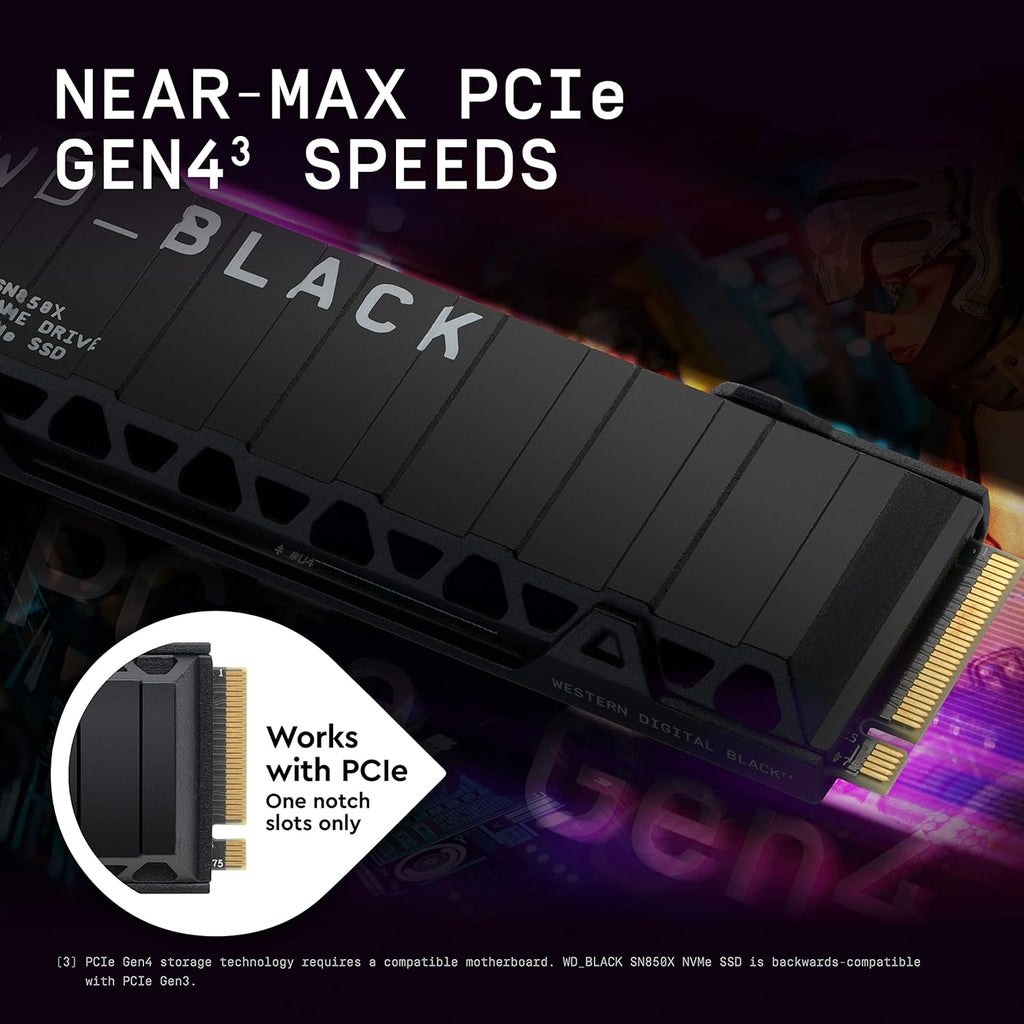 WD_BLACK SN850X 1TB NVMe SSD with Heatsink - M.2 2280, Up to 7,300 MB/s Read speeds, Up to 6,300 MB/s write speeds, Gaming Expansion, High Performance Internal Solid State Drive - WDS100T2XHE