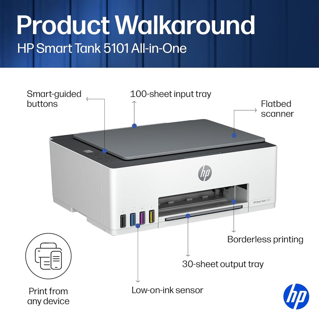 HP Smart Tank 5101 Wireless All-in-One Refillable Printer, Scanner, Copier with 2 years of Ink included, Wireless printer-for-home use an EcoTank Alternative (1F3Y0A)