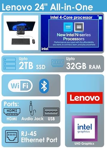 Lenovo IdeaCentre 24 23.8" All-in-One with Lifetime Office 365 for Web, 16GB DDR4 RAM, 1TB PCIe SSD, Intel N100 Processor, FHD AIO Desktop Computer, WiFi 6, Bluetooth, Jet Black, Win 11 Home
