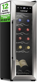 Nutrichef 12 Bottle Stainless Steel Slim Wine Fridge | Red & White Wine Chiller | Adjustable Temperature Control, Ultra Quiet Operation & Energy Efficient | Mini Wine Cooler Refrigerator | 31x10x17 IN