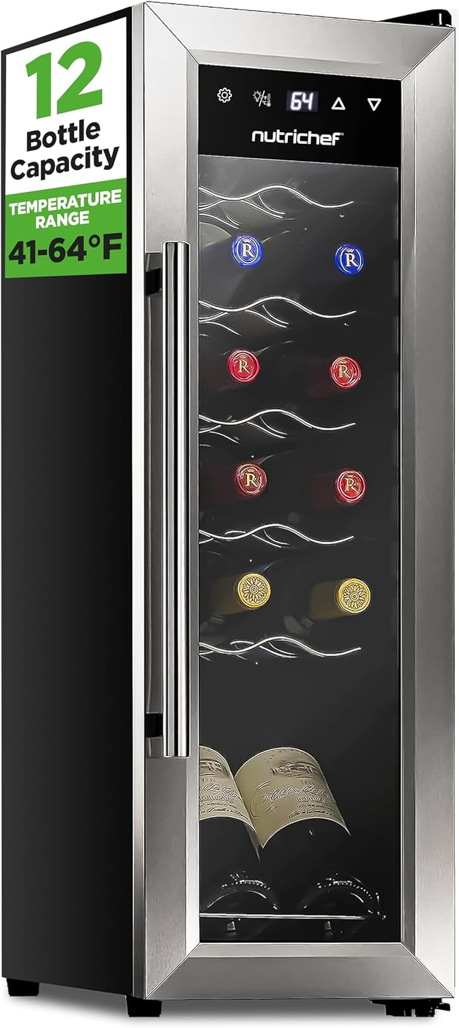 Nutrichef 12 Bottle Stainless Steel Slim Wine Fridge | Red & White Wine Chiller | Adjustable Temperature Control, Ultra Quiet Operation & Energy Efficient | Mini Wine Cooler Refrigerator | 31x10x17 IN