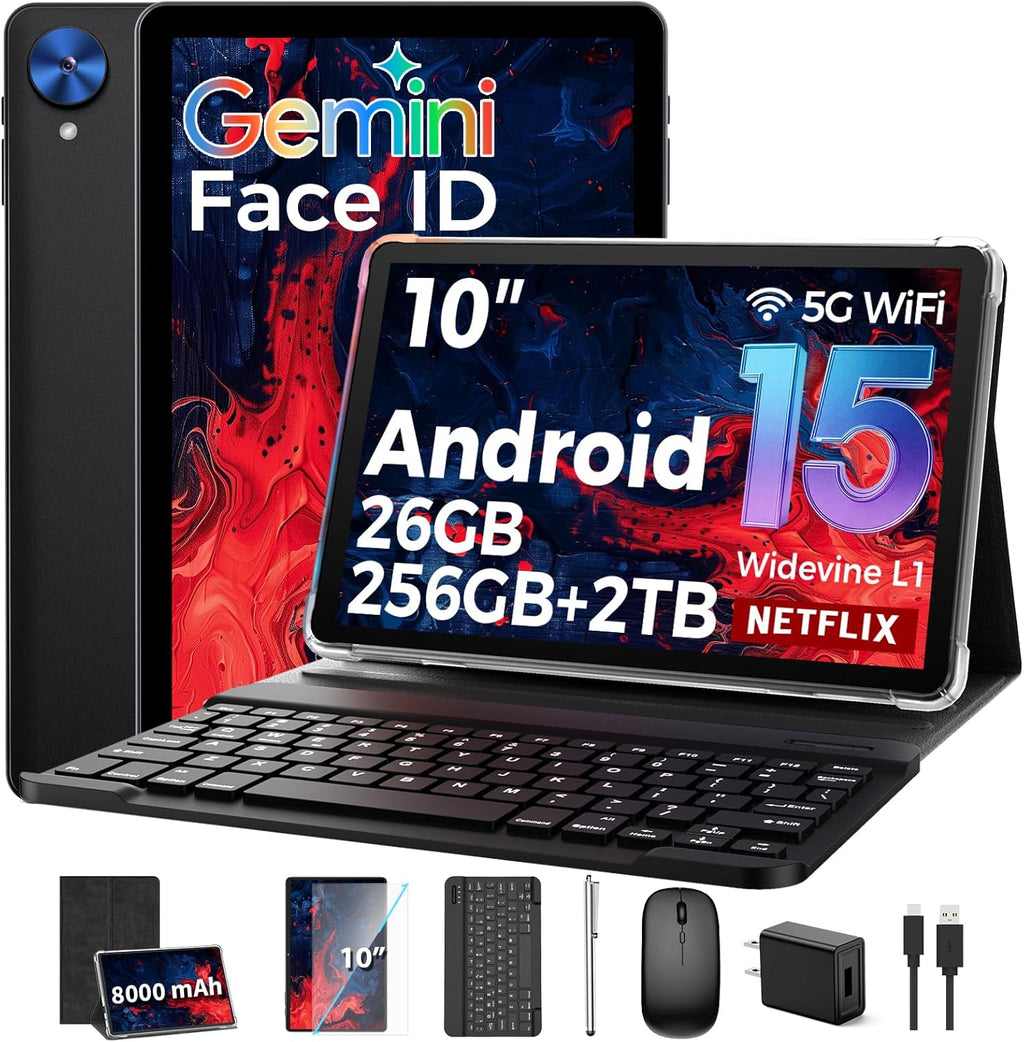 Tablet with Keyboard, 2026 Android 15 tablet with 26GB+256GB+2TB Expand, 10 Inch Tablet PC with 8-Core, Gemini AI, 5G WiFi, 8000mAh, BT5.0, GPS, Electronics Tablets with Case/Mouse/Stylus(Black Case)