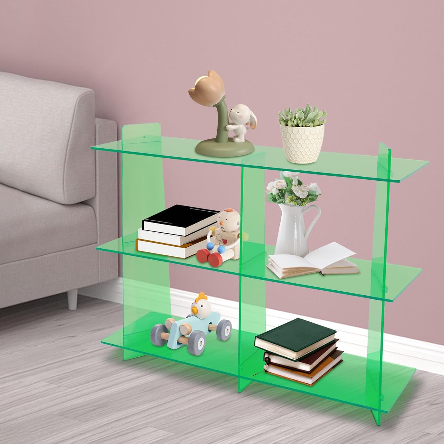 Acrylic Bookshelf, Small 3 Tier Bookcase for Small Spaces,See Through Acrylic Console Table, Hallway Entry Table for Living Room,Coffee Shop, Milk Tea Store (Green)