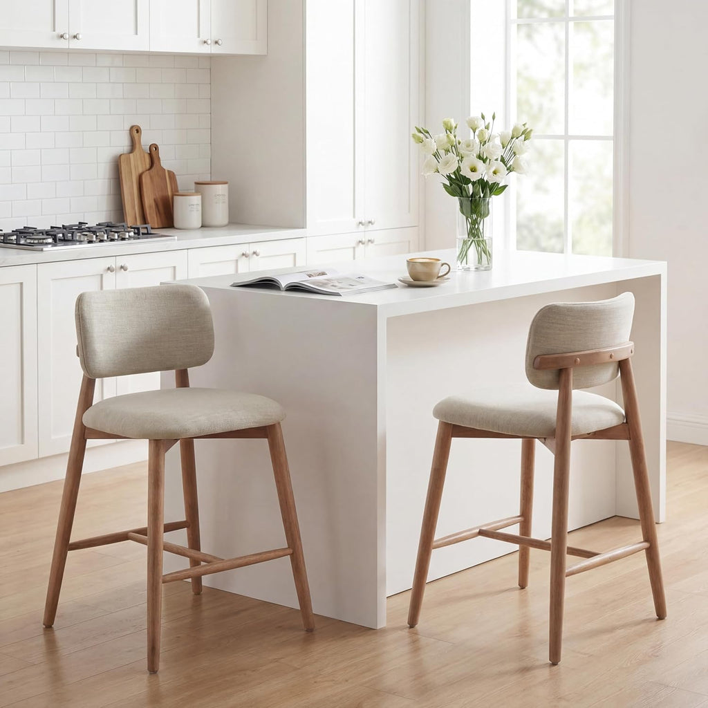 Christopher Knight Home Mundo Counter Height Bar Stools Set of 2, Fabric Upholstered Counter Stools and Curved Backrest, Rubberwood Kitchen Island Armchair with Splayed Legs, Beige + Natural